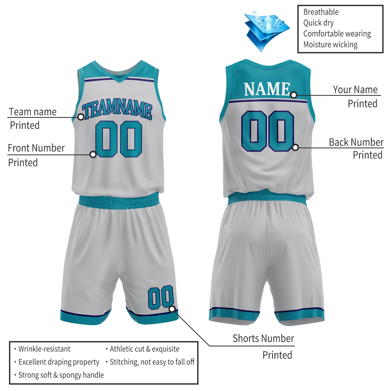 Custom Teal & Light Gray Double Sided Basketball Jersey Set | Wholesale Team Uniform