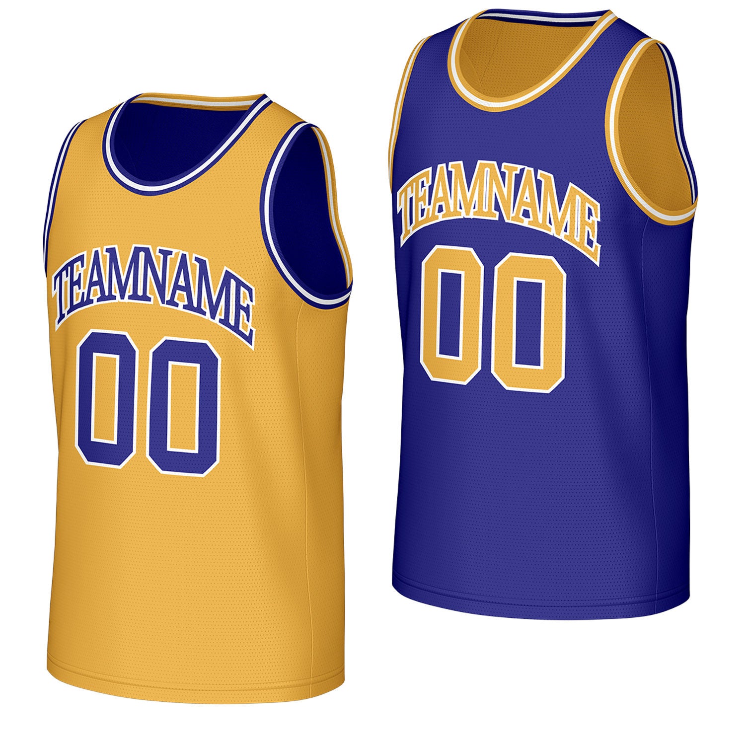 adult league basketball jerseys gold purple reversible by Vosoli, personalized team name, number & logo, breathable mesh dual sided basketball jersey for adult league team games