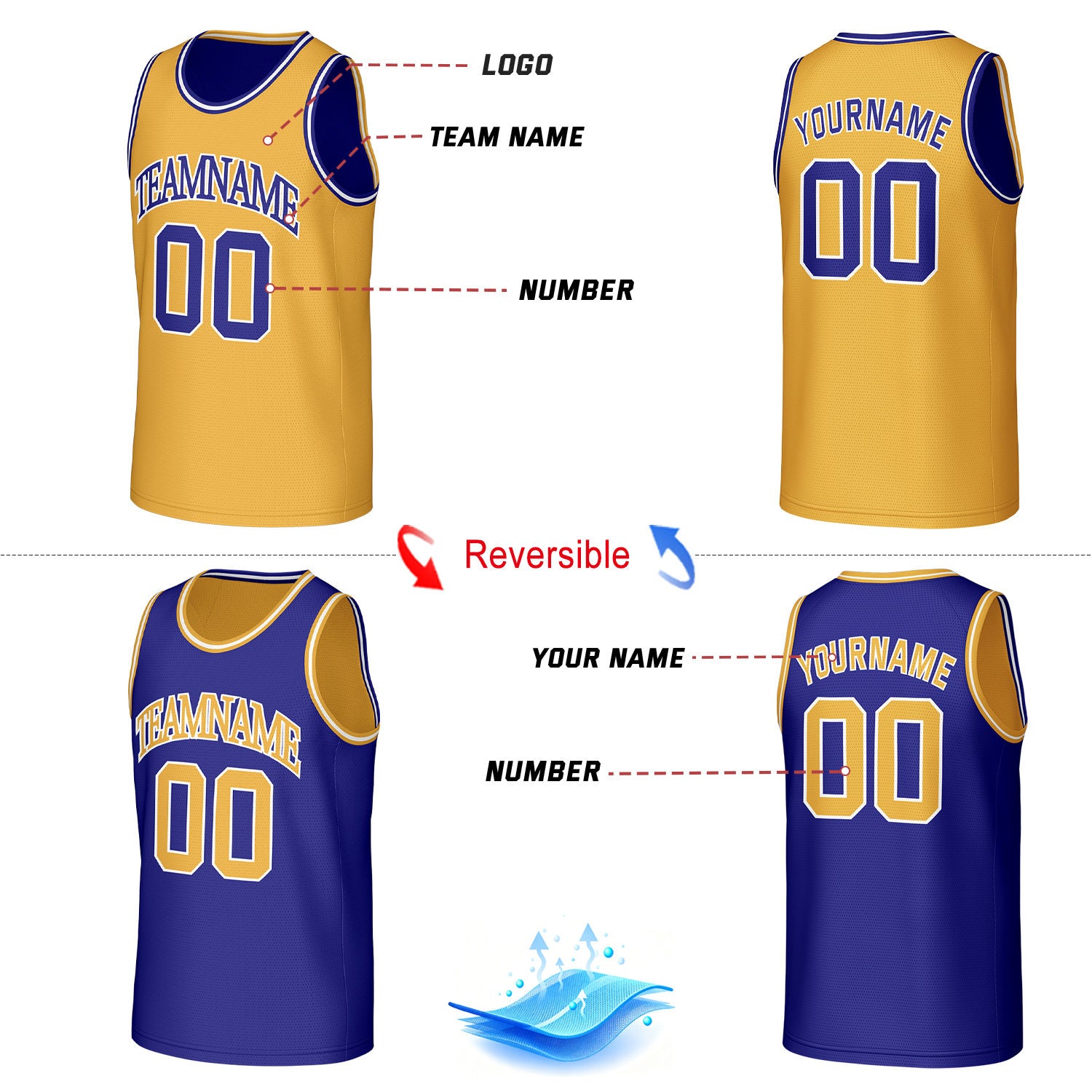 Custom Classic Double Trim Reversible Basketball Jersey Gold & Purple Mesh Team Uniform for Adult Youth
