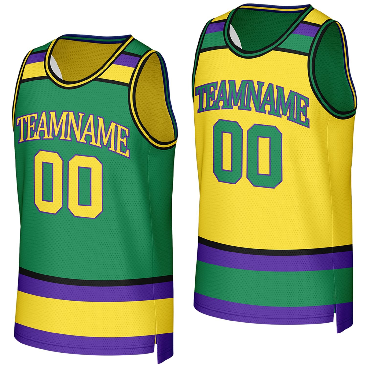 custom adult league basketball jerseys green yellow reversible by Vosoli, Personalized team name, number & logo.