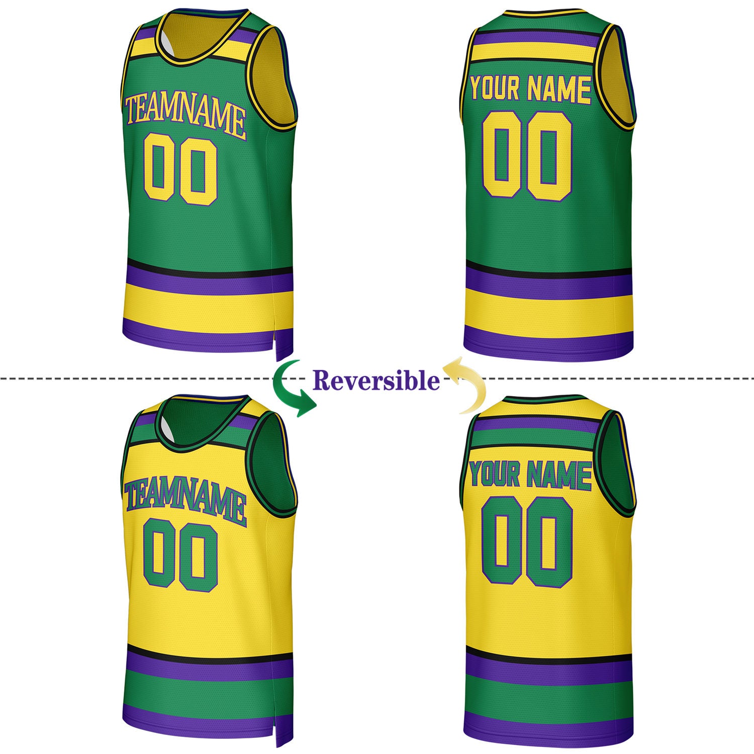 Custom Green & Yellow Striped Reversible Basketball Jersey | Personalized Team Jerseys with Name, Number & Logo