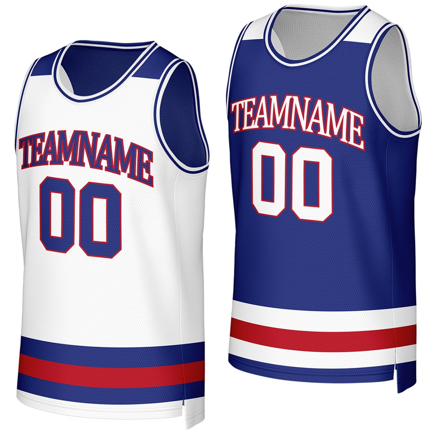 custom adult league basketball jerseys white royal blue reversible by Vosoli, Personalized team name, number & logo.