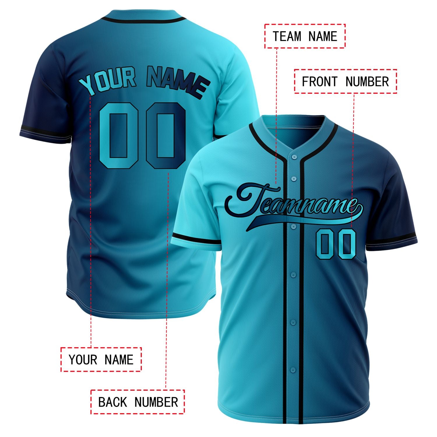 Custom Aqua and Sky Blue Gradient Baseball Jersey | Personalized Two-Tone Fade Team Uniform