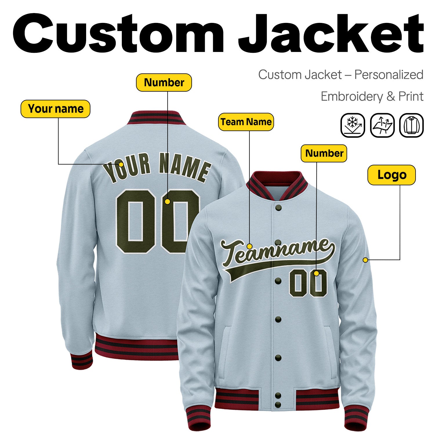Custom Ice Blue Varsity Jacket | Personalized Baseball Bomber with Name, Number & Logo