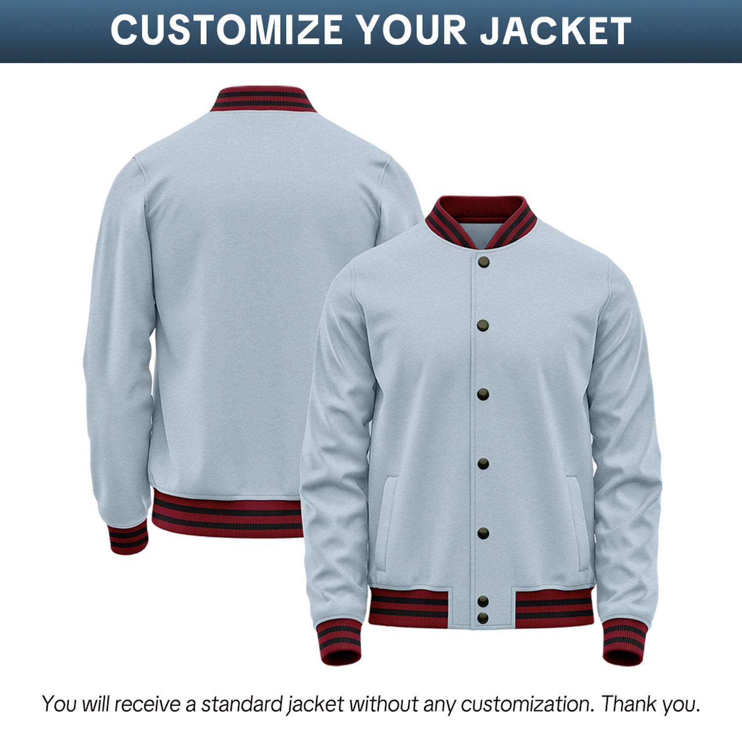 Custom Ice Blue Varsity Jacket | Personalized Baseball Bomber with Name, Number & Logo