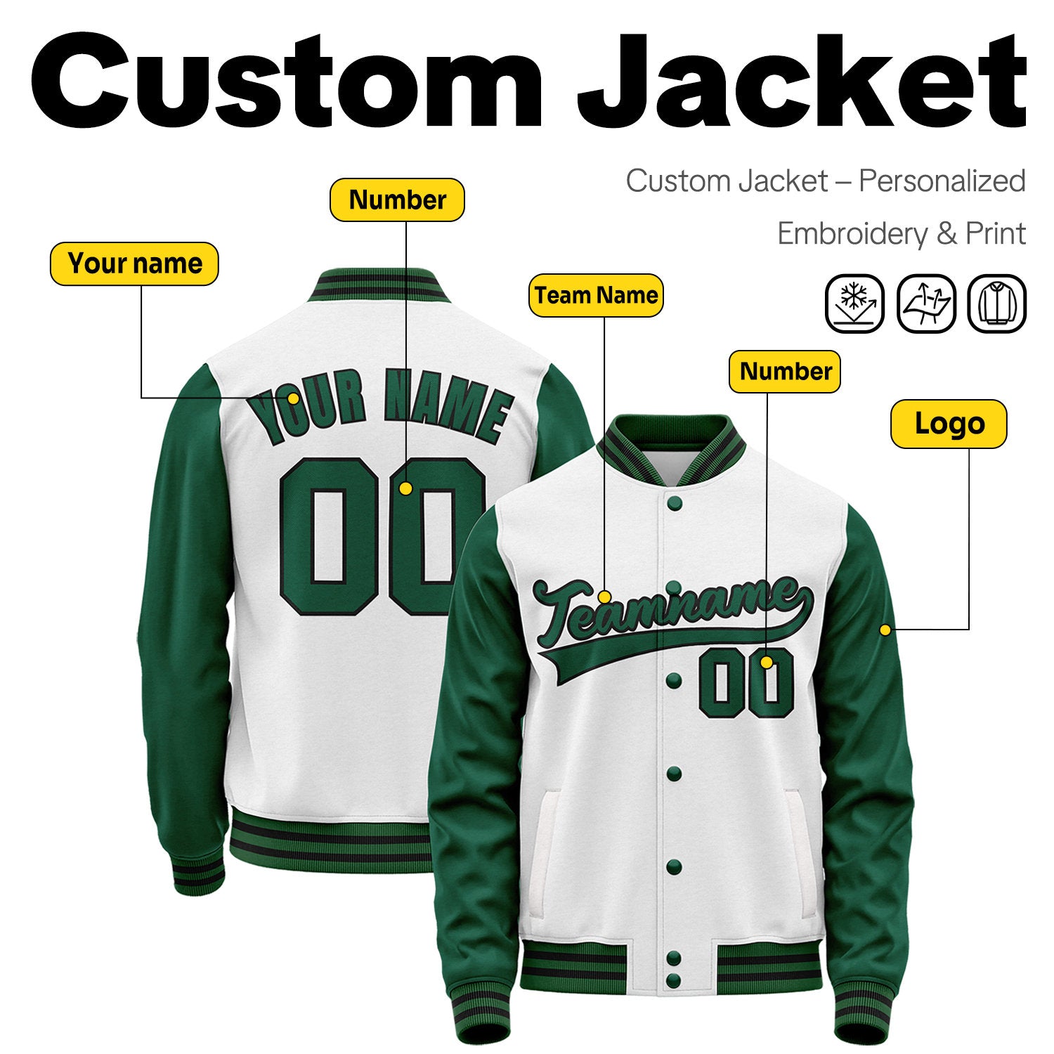 Custom White & Forest Green Two-Tone Varsity Jacket | Personalized Baseball Bomber with Name, Number & Logo