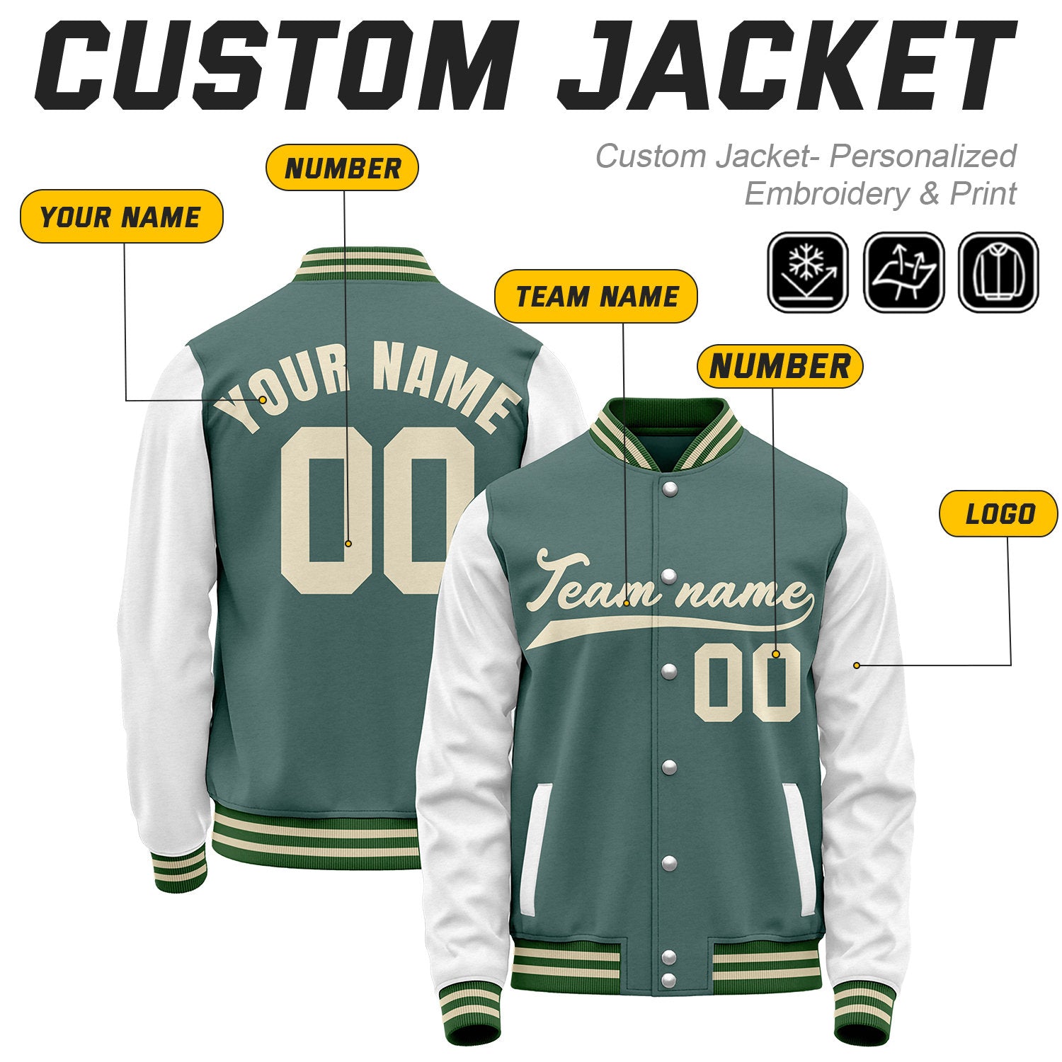 Custom Sage Green & White Baseball Bomber Jacket | Retro Collegiate Varsity & Letterman