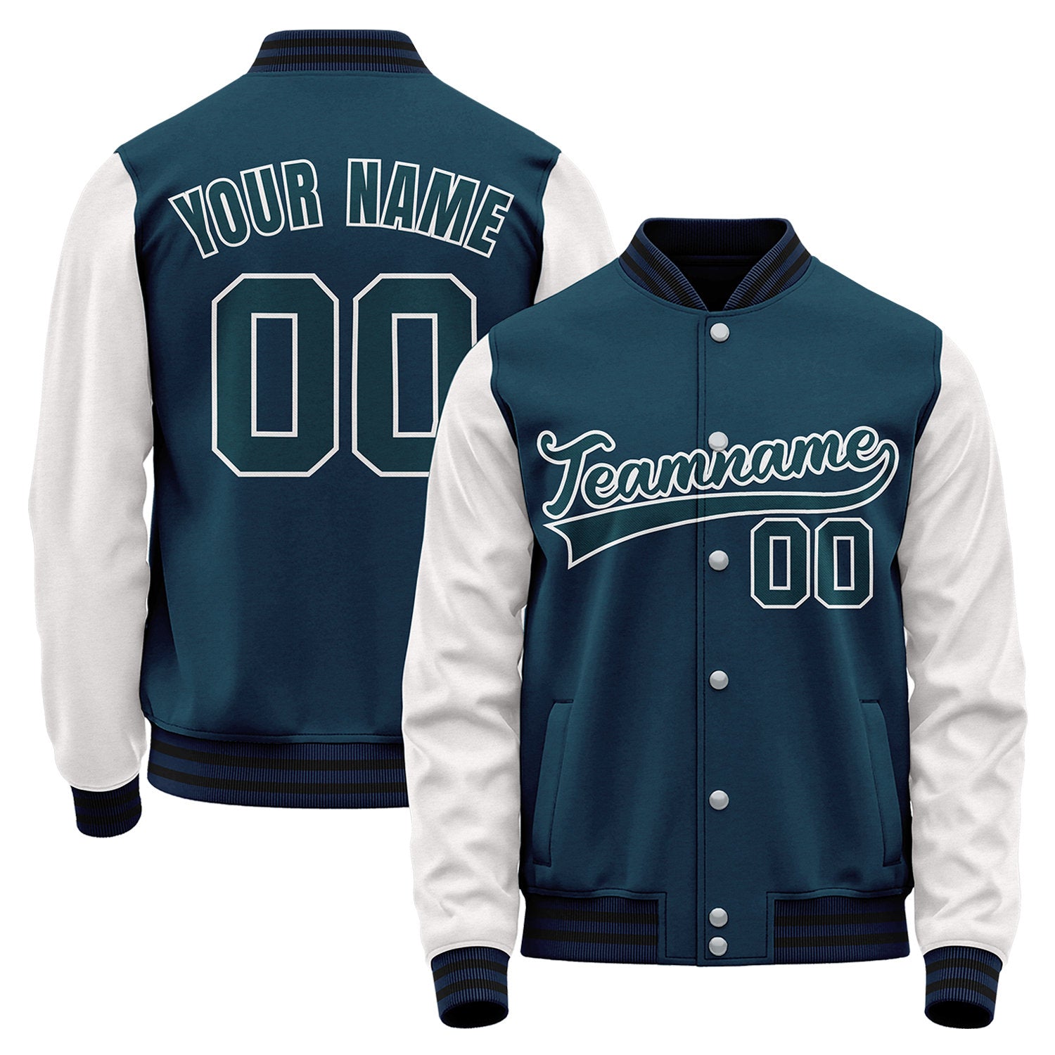 Custom baseball jackets for small baseball teams, teal and white varsity bomber jacket, personalized team name, player number and custom logo.
