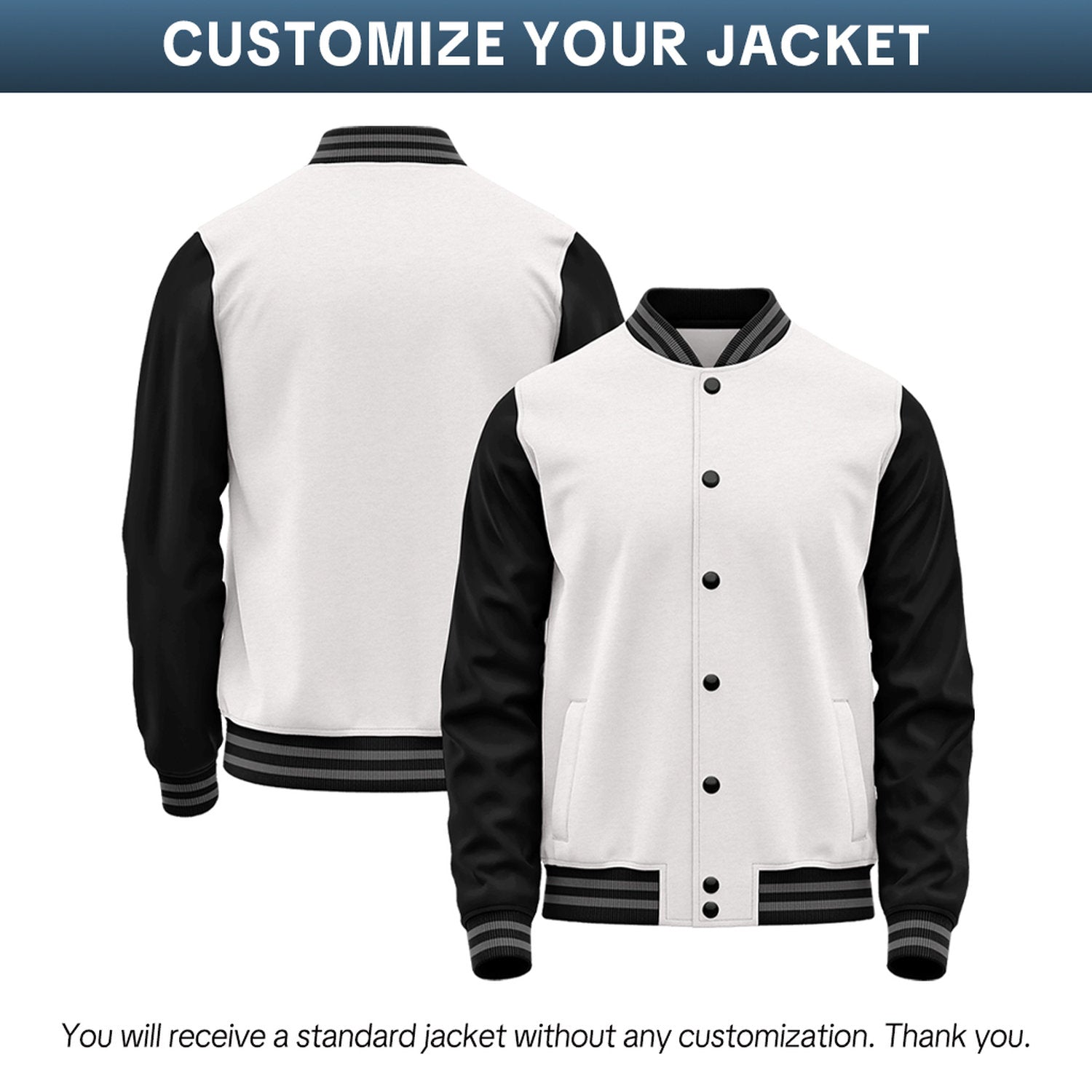 Custom White & Black Two-Tone Varsity Jacket | Personalized Baseball Bomber with Name, Number & Logo