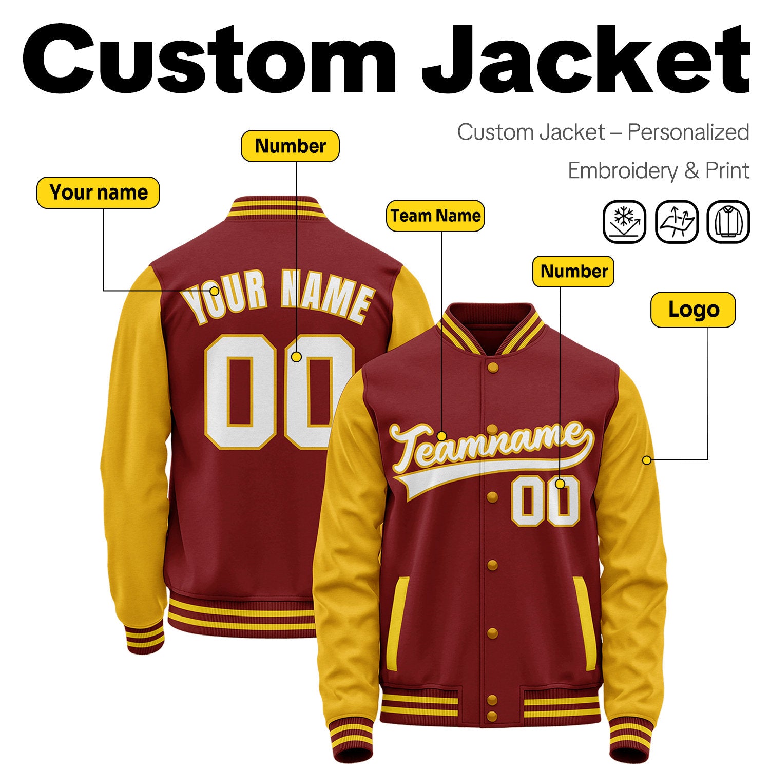 Custom Maroon & Gold Two-Tone Varsity Jacket | Personalized Baseball Bomber with Name, Number & Logo