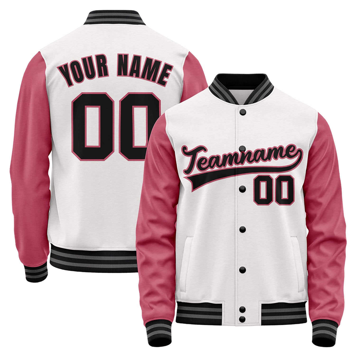Custom White & Rose Two-Tone Varsity Jacket | Personalized Baseball Bomber with Name, Number & Logo