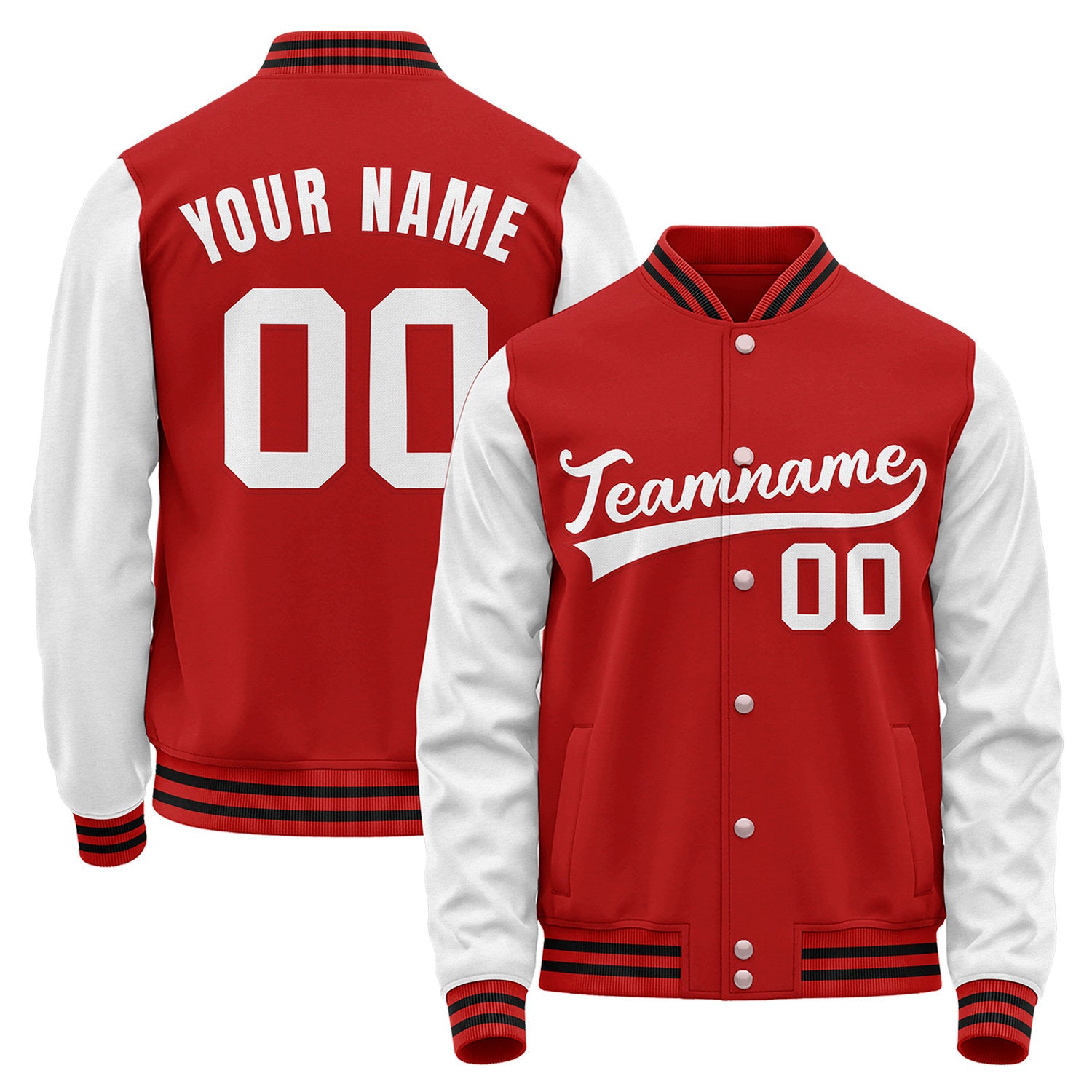 Custom baseball jackets for 10 players, red and white varsity bomber jacket, personalized team name, player numbers and custom logo.
