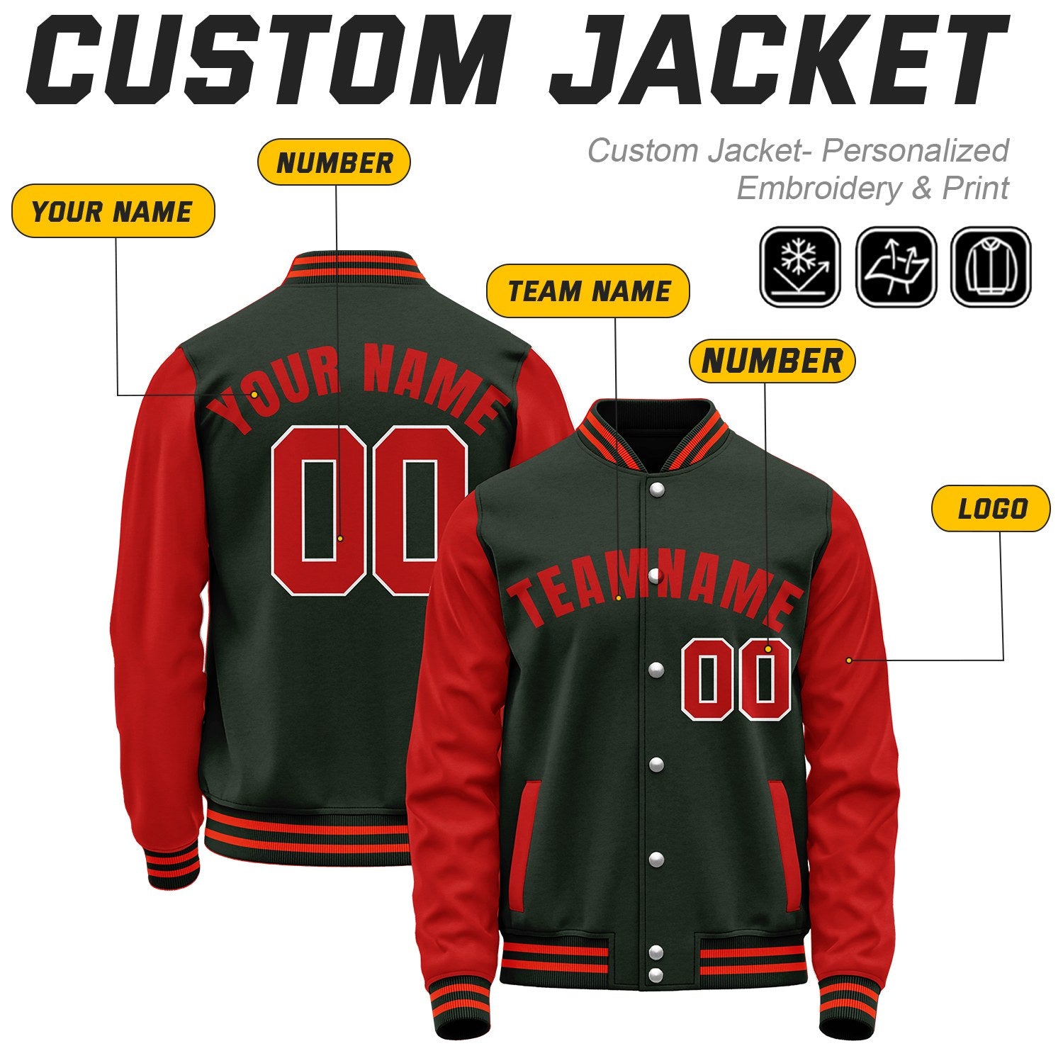Custom Dark Green & Red Two-Tone Varsity Jacket | Personalized Baseball Bomber for Adult Youth