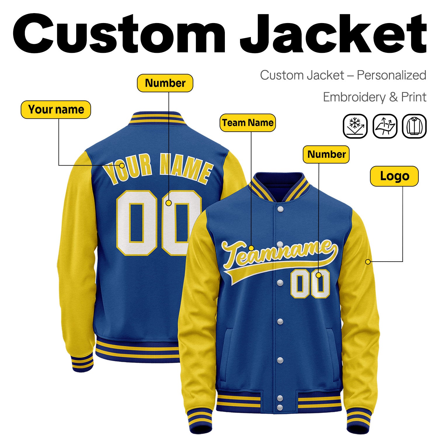 Custom Royal Blue & Yellow Two-Tone Varsity Jacket | Personalized Baseball Bomber with Name, Number & Logo