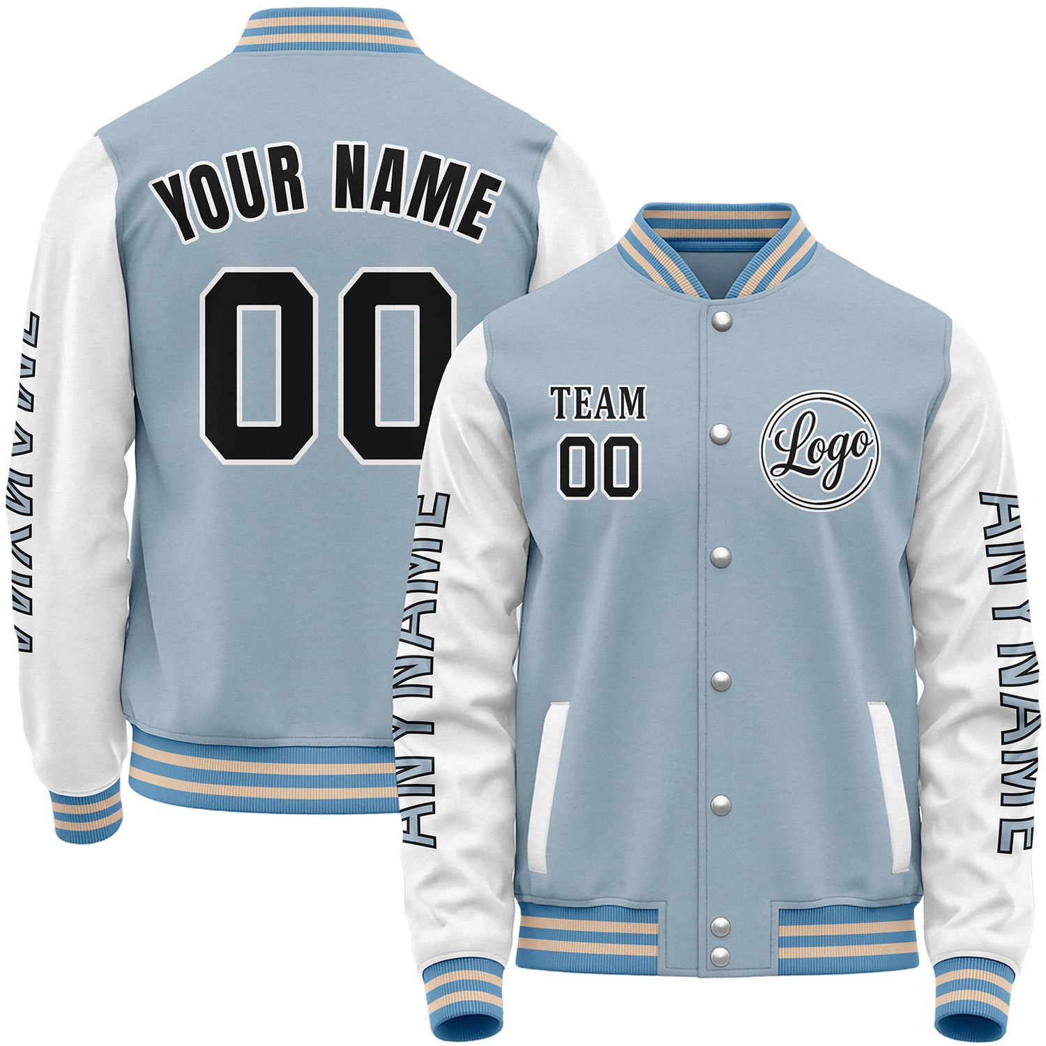 Custom high school baseball jackets, light blue and white varsity bomber jacket, personalized stitched or sublimated name, number, sleeve text and custom logo.