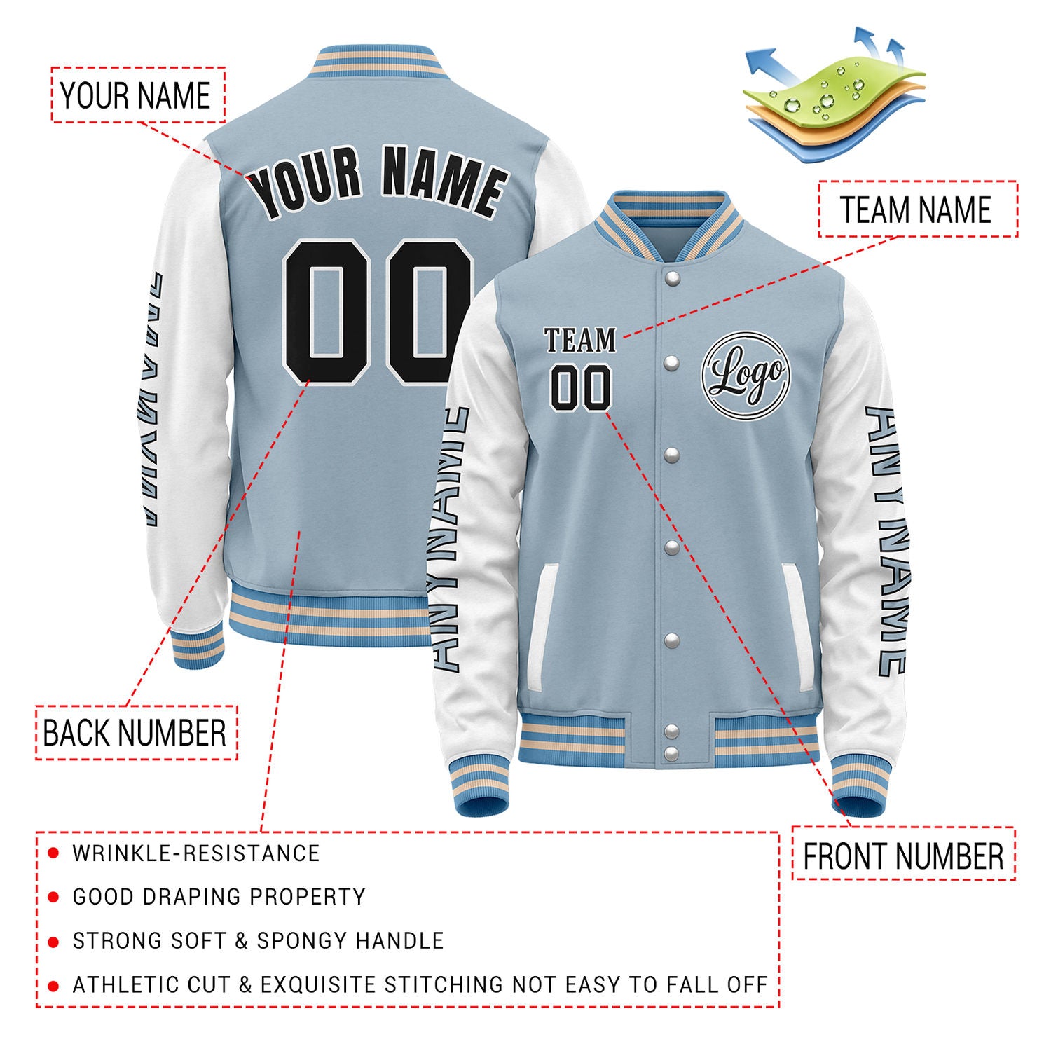 Custom Light Blue & White Color Block Varsity Jacket | Personalized Letterman Bomber with Sleeve Text & Logo