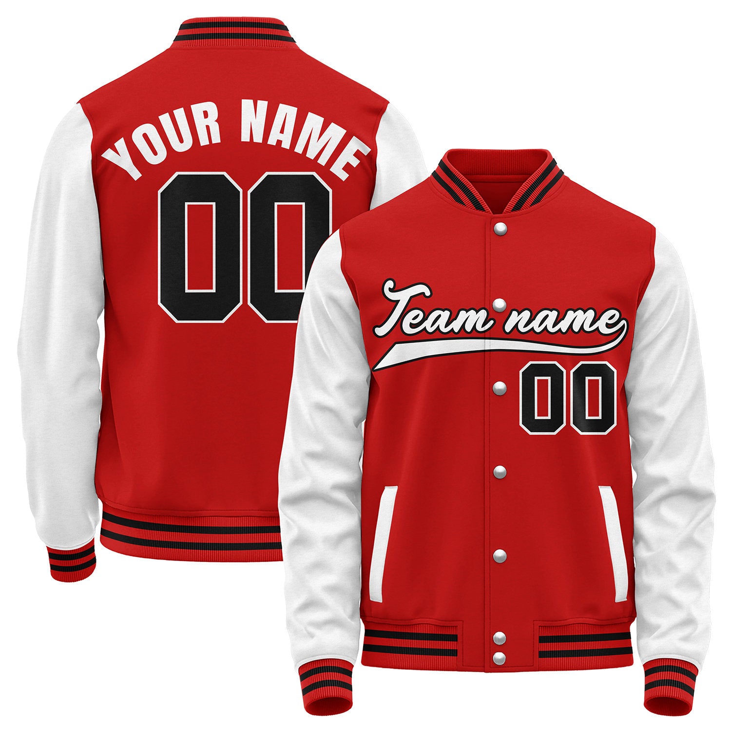 Custom baseball warm up jackets, red and white varsity letterman bomber jacket, personalized team name, player number and logo.