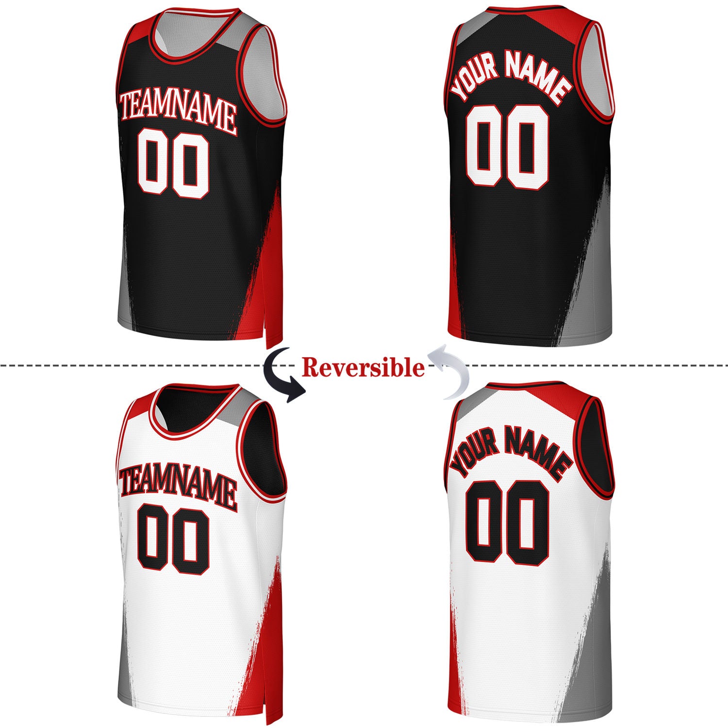 Custom Black & White Brush Stroke Reversible Basketball Jersey | Personalized Team Uniforms for Adult & Youth