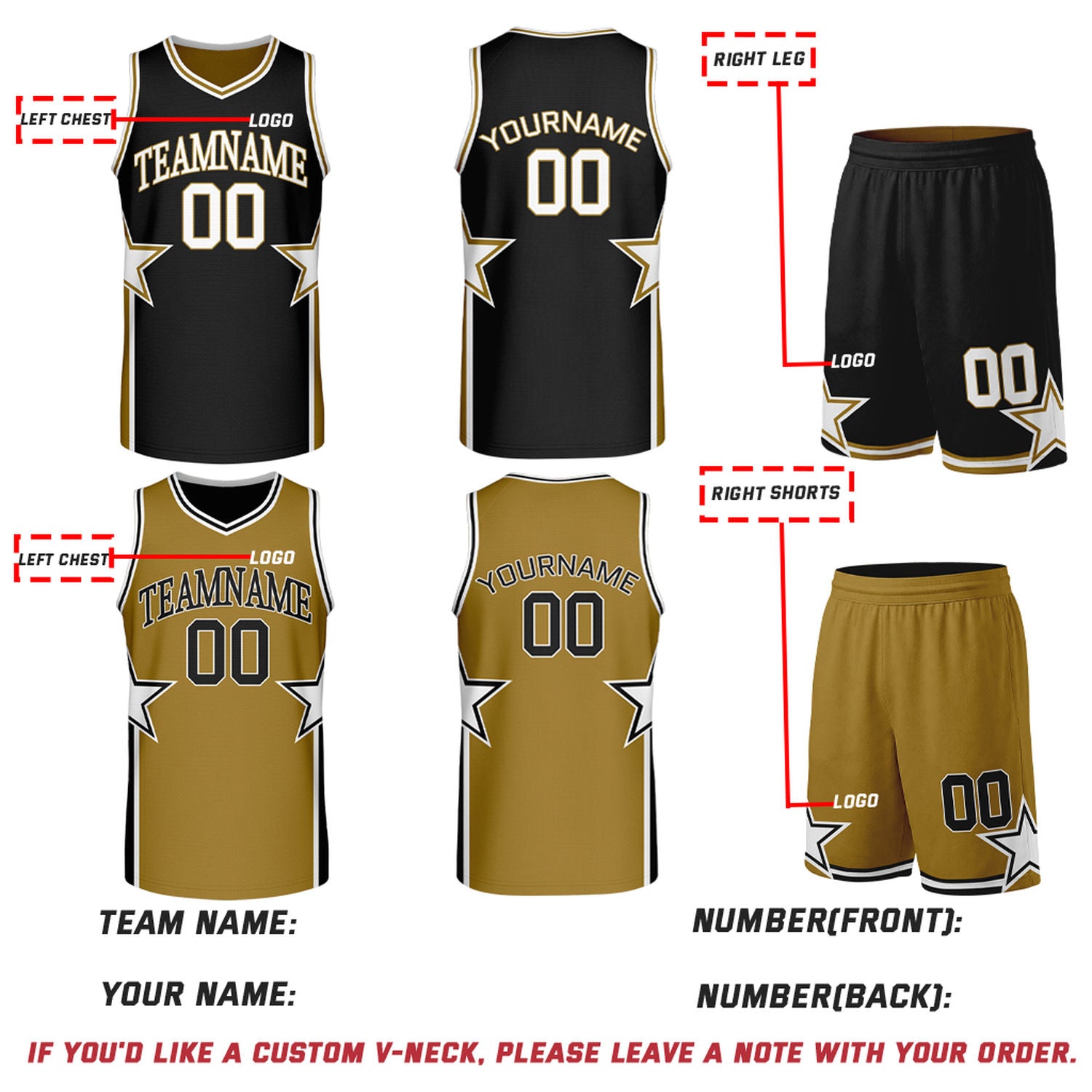 Custom Black & Gold Star Reversible Basketball Uniform Set | Breathable Mesh Jersey & Shorts
