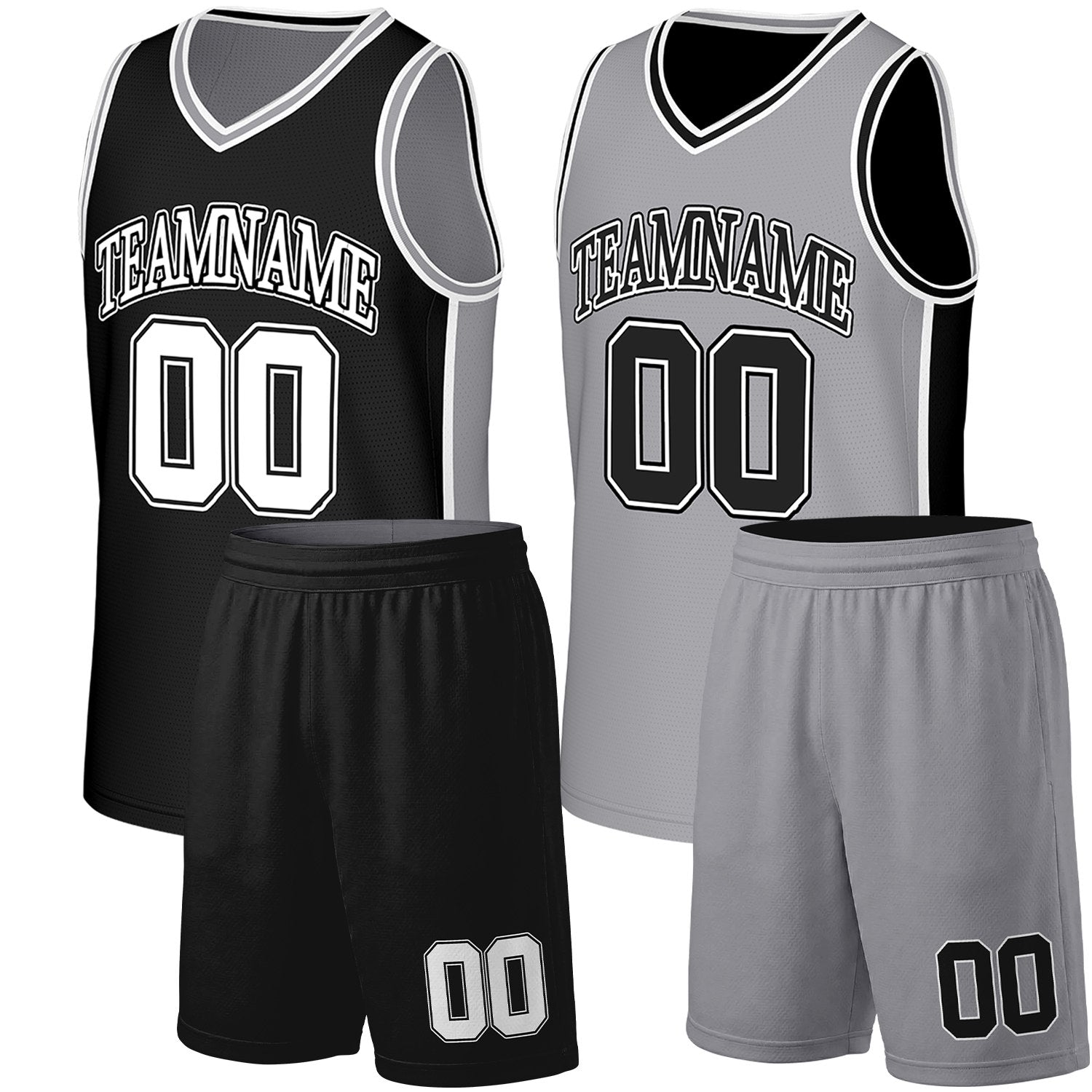 custom basketball jersey and shorts black gray reversible by Vosoli. Personalized team name, player number & logo. Breathable mesh. Fast delivery.