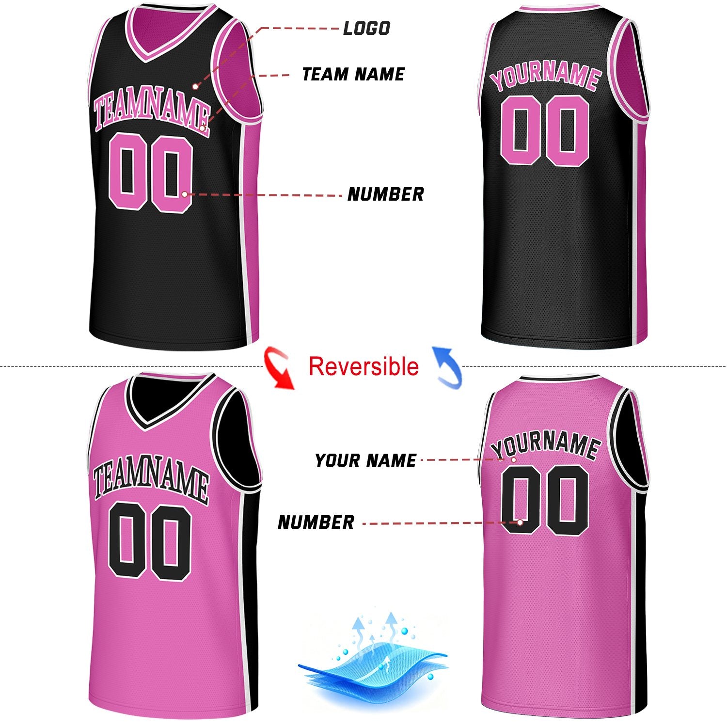 Custom Black & Pink Reversible Basketball Jersey | Personalized Team Jerseys with Name Number Logo