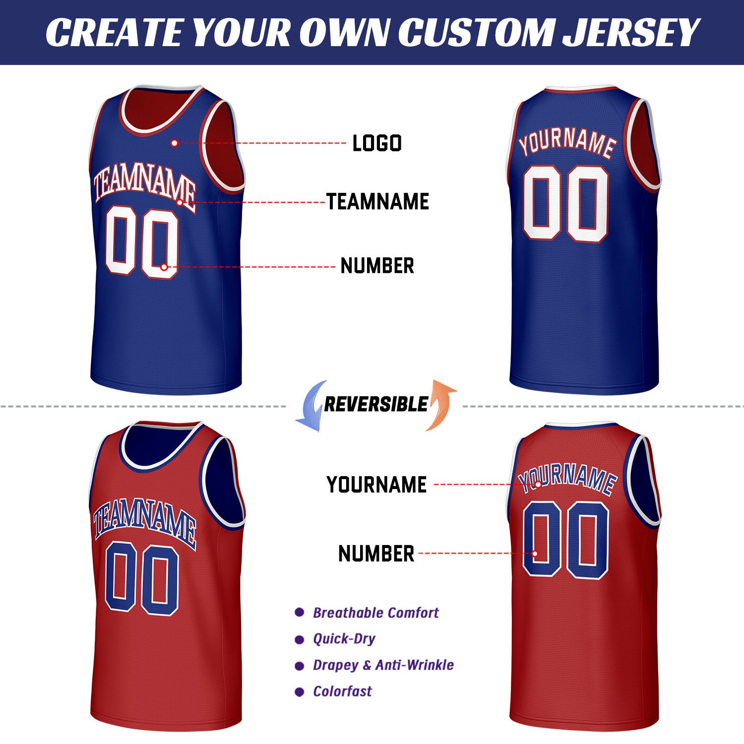 Custom Blue & Red Reversible Basketball Jersey | Personalized Sleeveless Mesh Jersey for Men Women Youth