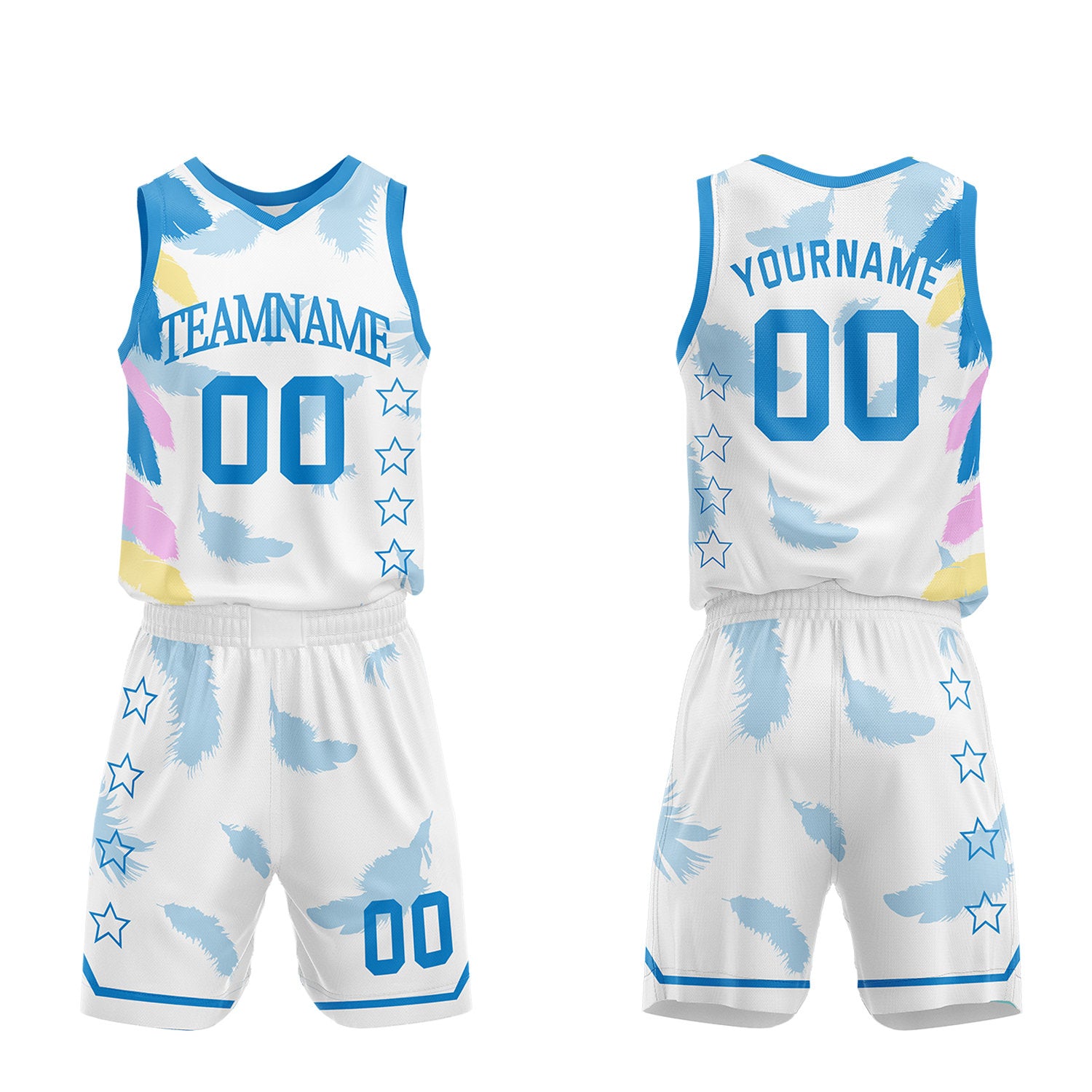 Custom basketball jersey set manufacturer, white feather sublimated jersey and shorts set with personalized team name, player number and logo, breathable quick dry mesh for team games.