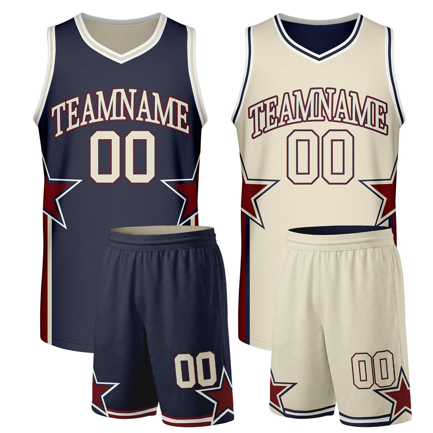 Custom basketball jersey set navy cream reversible by Vosoli. Personalized team name, player number & logo. Breathable mesh. Fast delivery.