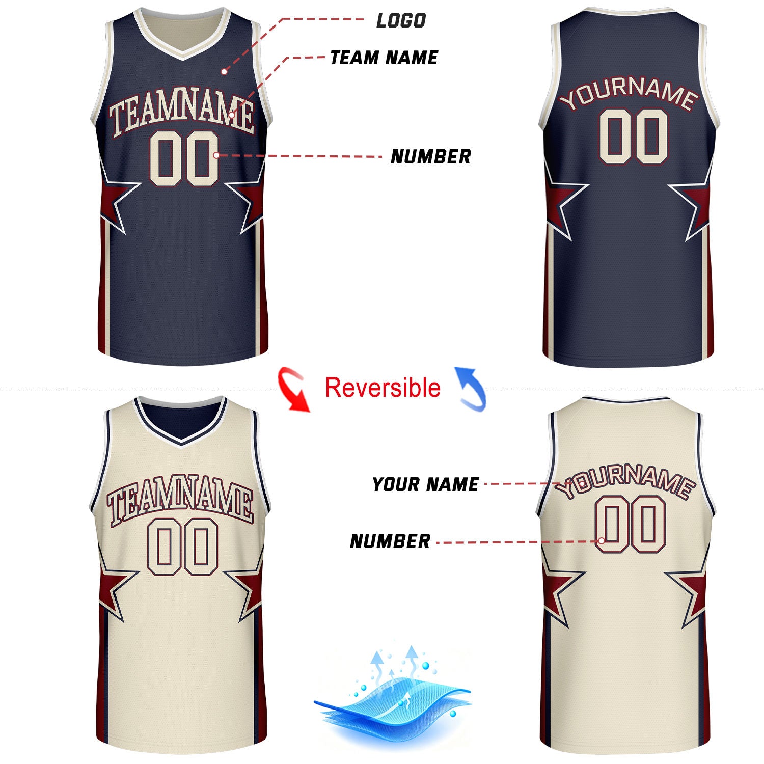 Custom Navy & Cream Star Reversible Basketball Uniform Set | Breathable Mesh Jersey & Shorts