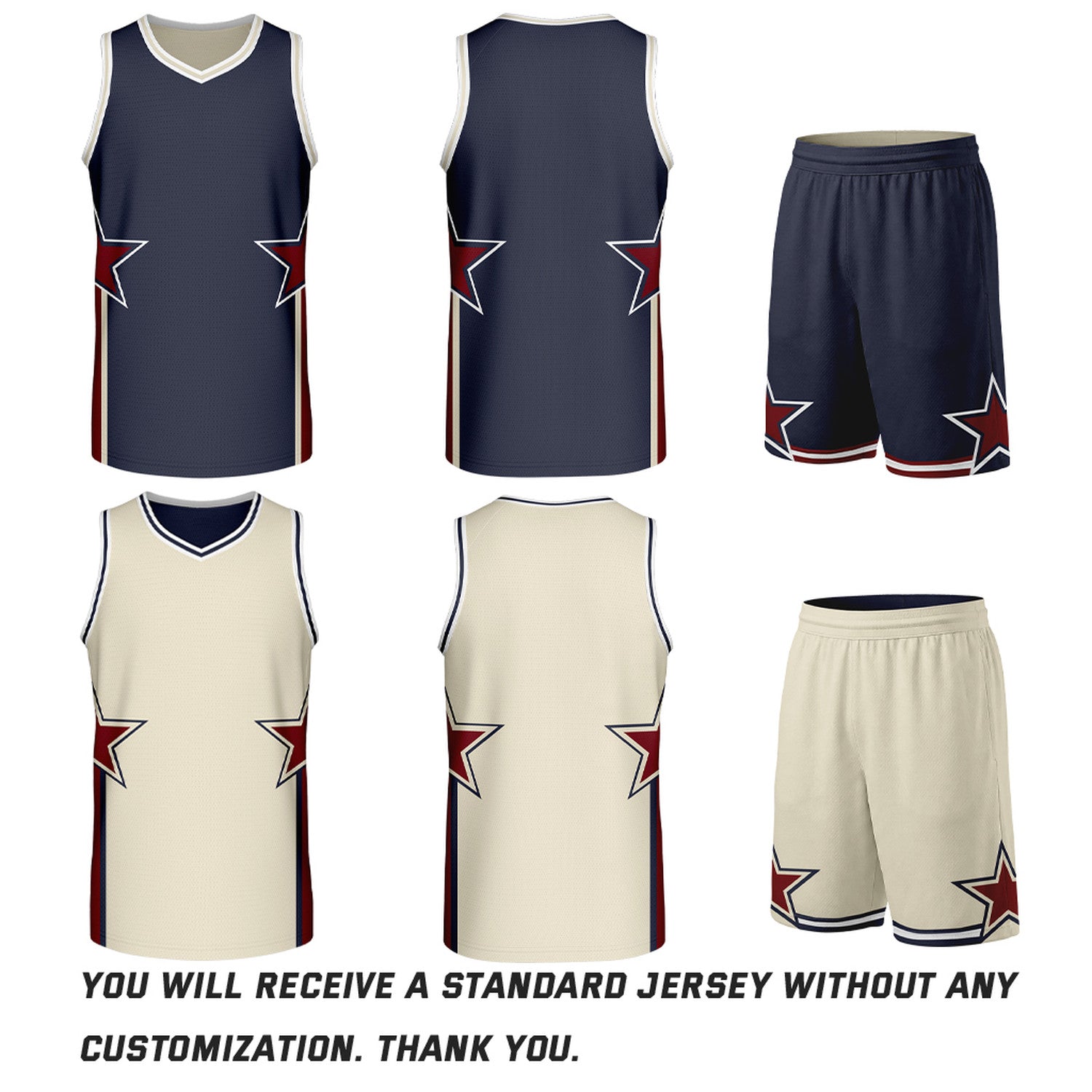 Custom Navy & Cream Star Reversible Basketball Uniform Set | Breathable Mesh Jersey & Shorts