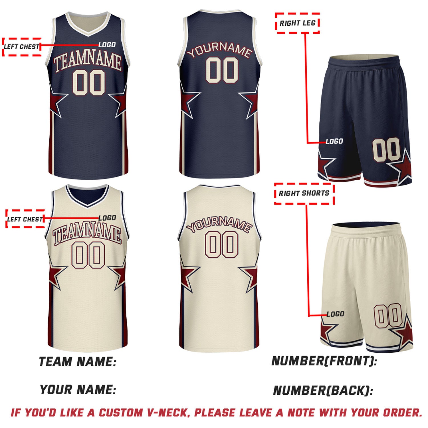 Custom Navy & Cream Star Reversible Basketball Uniform Set | Breathable Mesh Jersey & Shorts