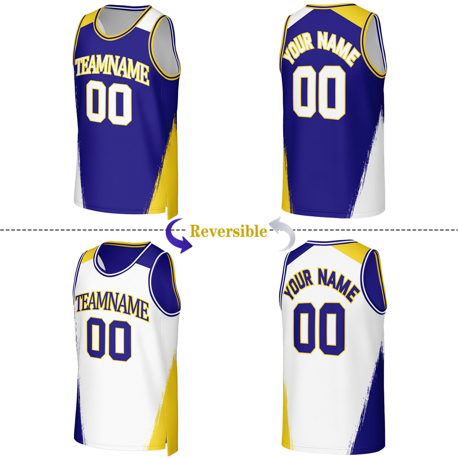 Custom Blue & Gold Brush Stroke Reversible Basketball Jersey | Personalized Team Uniforms for Adult & Youth