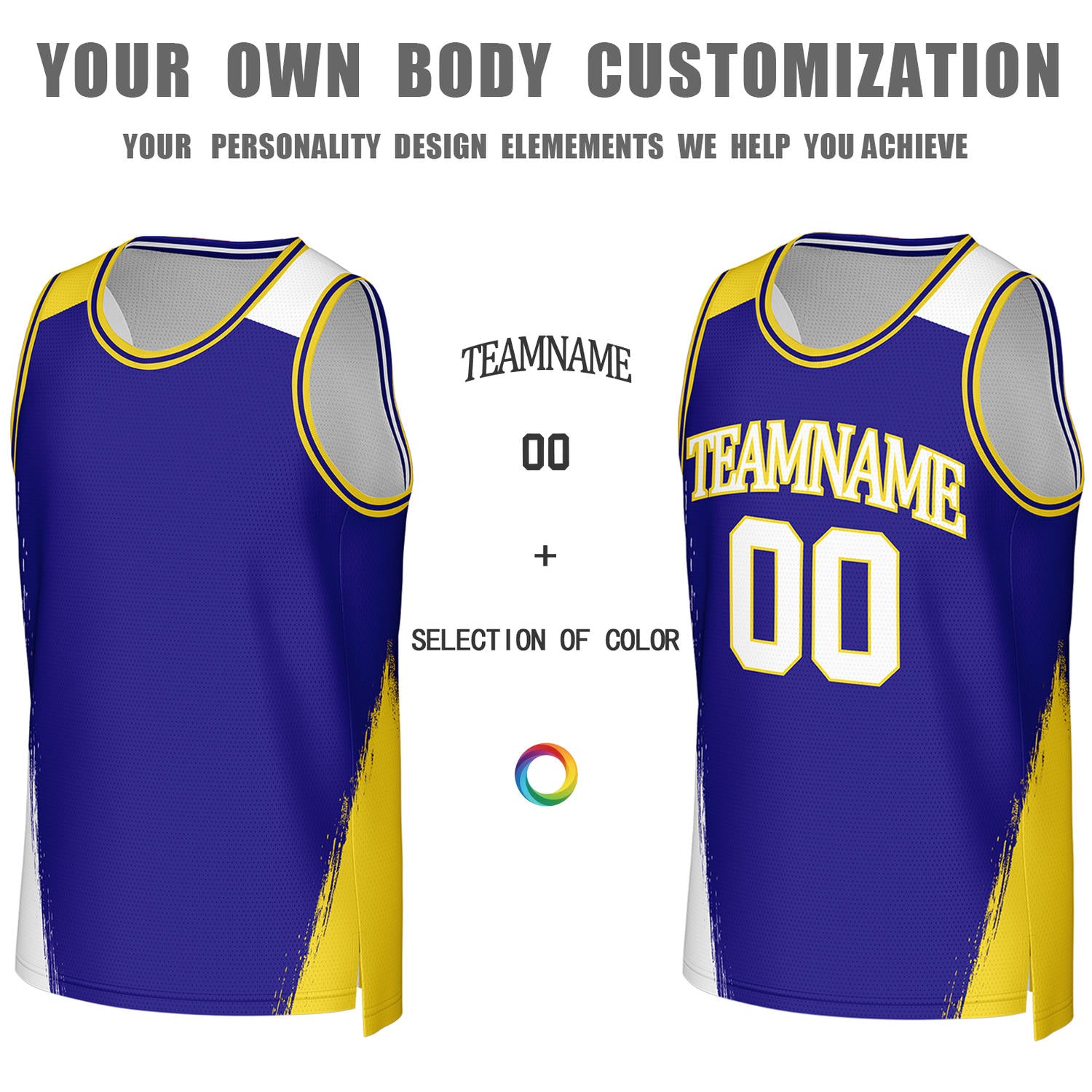 Custom Blue & Gold Brush Stroke Reversible Basketball Jersey | Personalized Team Uniforms for Adult & Youth