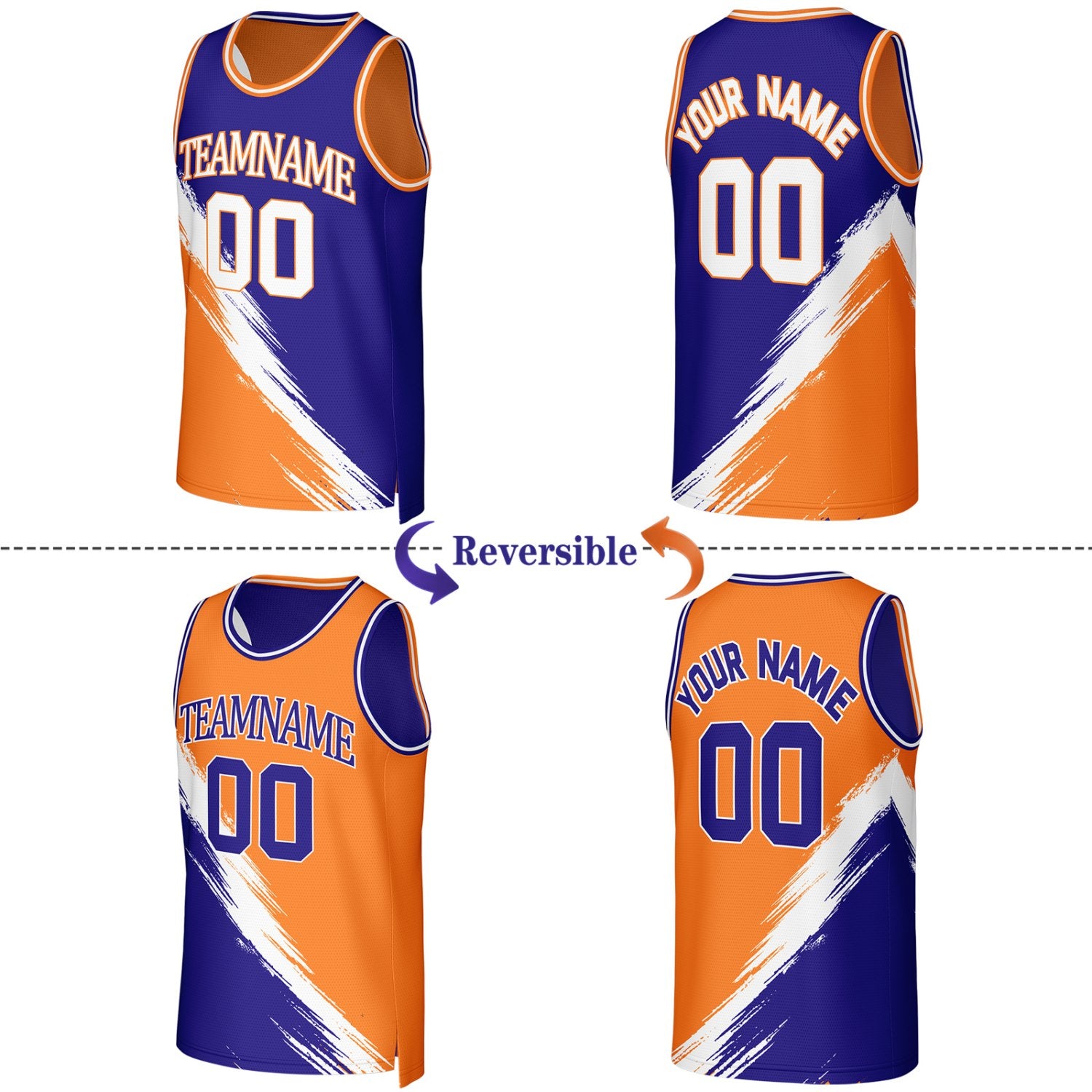 Custom Royal Blue & Orange Brush Stroke Reversible Basketball Jersey | Personalized Team Uniforms for Adult & Youth
