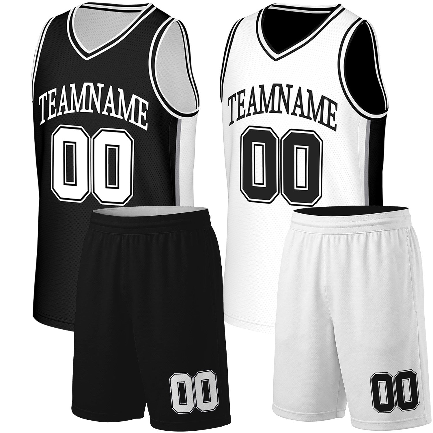 custom basketball team uniform set black white reversible by Vosoli. Personalized team name, player number & logo. Breathable mesh. Fast delivery.