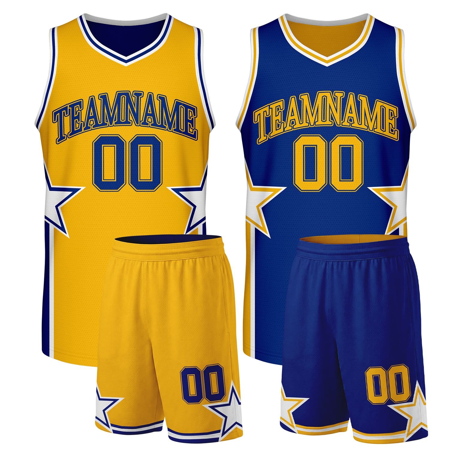 Custom basketball team uniform set gold royal blue reversible by Vosoli. Personalized team name, player number & logo. Breathable mesh. Fast delivery.
