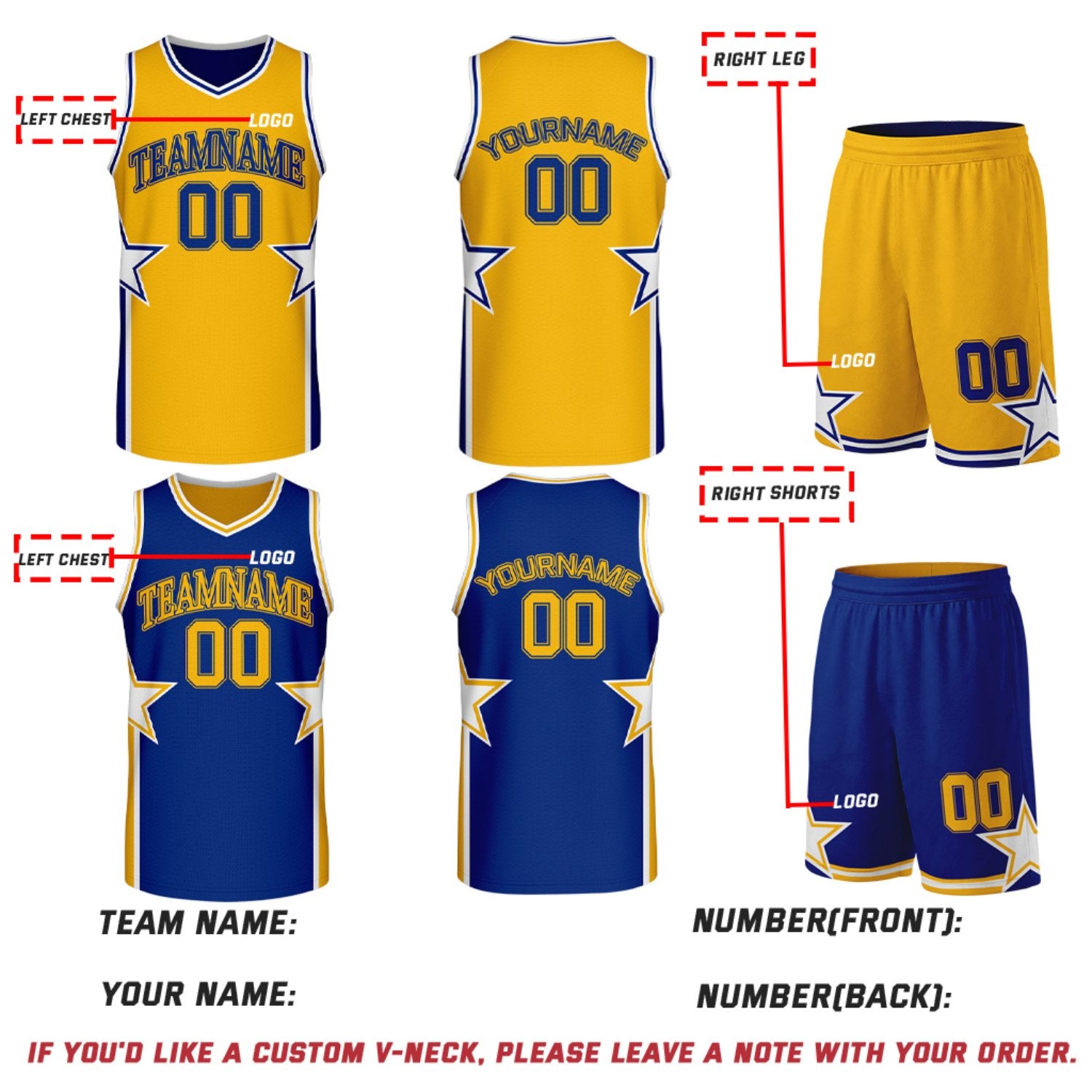 Custom Gold & Royal Blue Star Reversible Basketball Uniform Set | Breathable Mesh Jersey & Shorts
