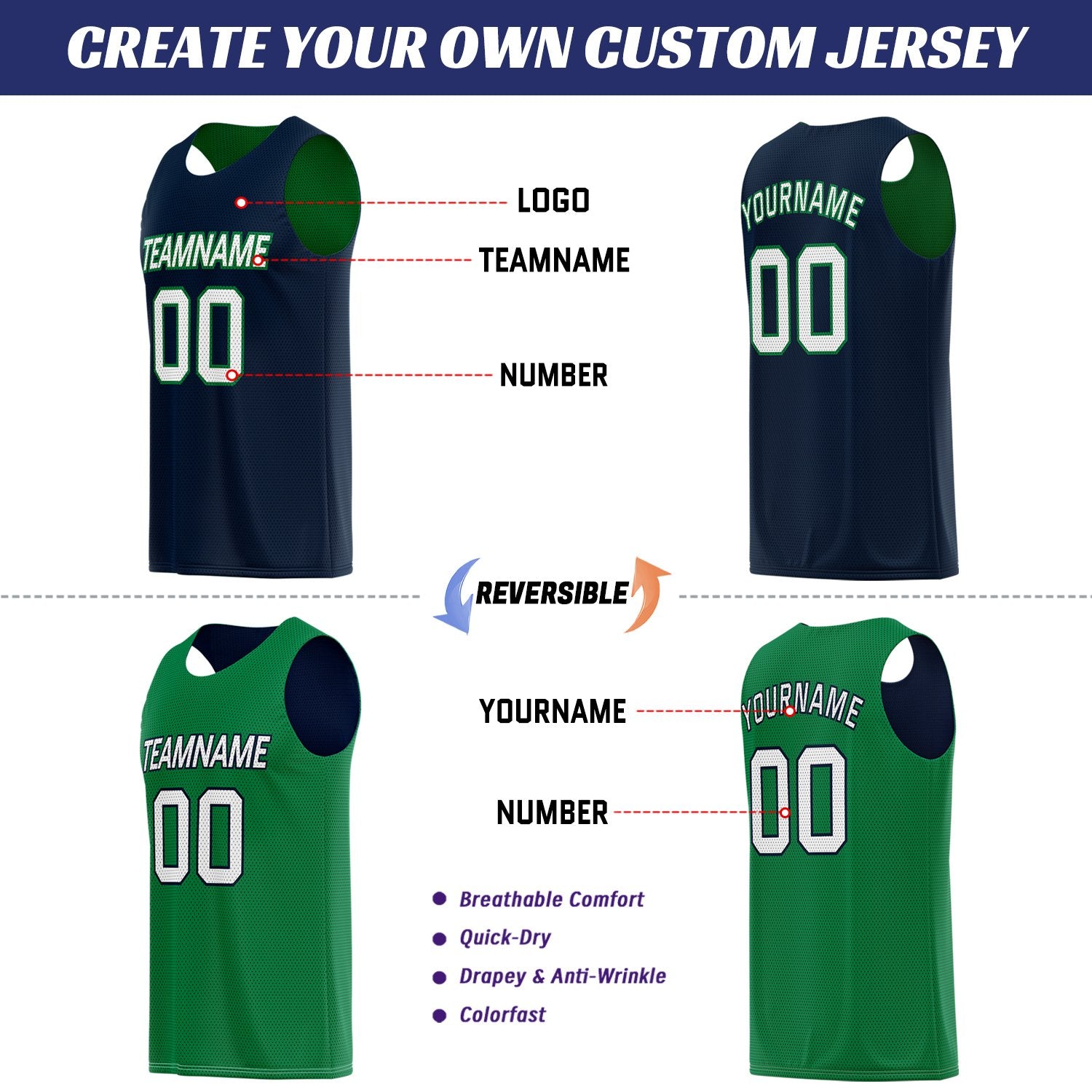 Custom Navy & Kelly Green Reversible Basketball Uniform Set | Breathable Mesh Tank Top and Shorts