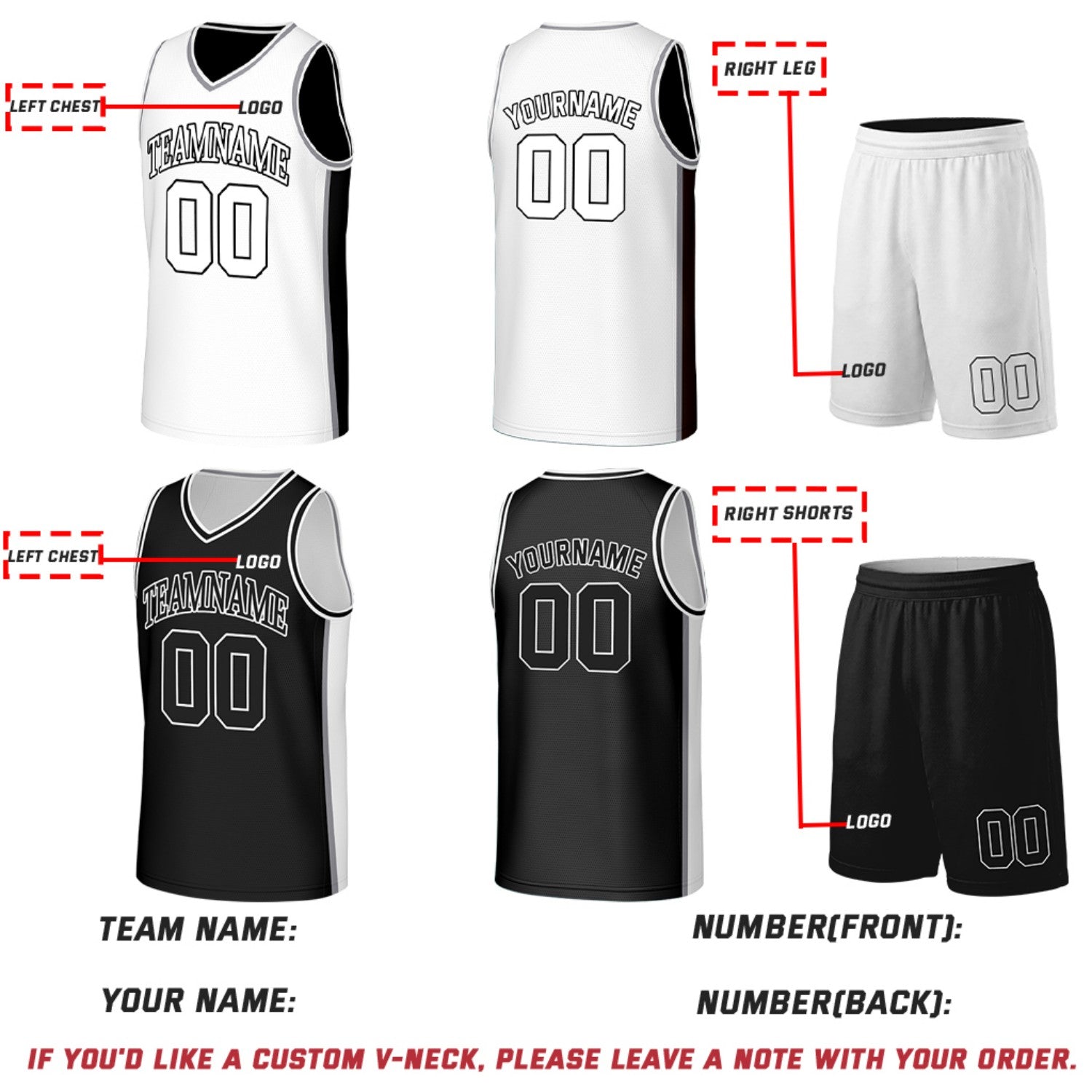 Custom White & Black Reversible Basketball Jersey & Shorts Set | Personalized Team Uniforms for Adult & Youth