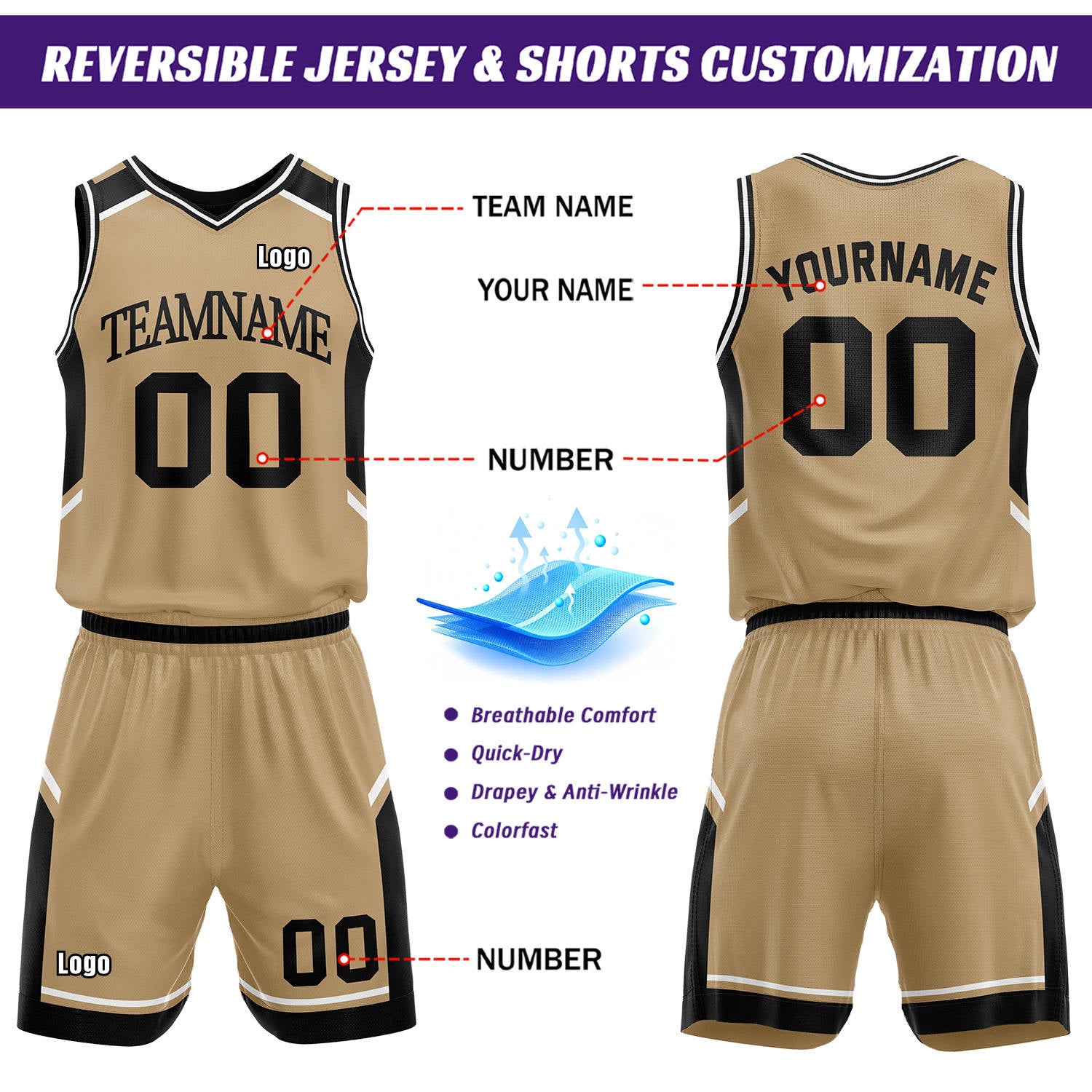Custom Reversible Basketball Uniform Set | Khaki & Black V-Neck Sleeveless Jersey & Athletic Shorts