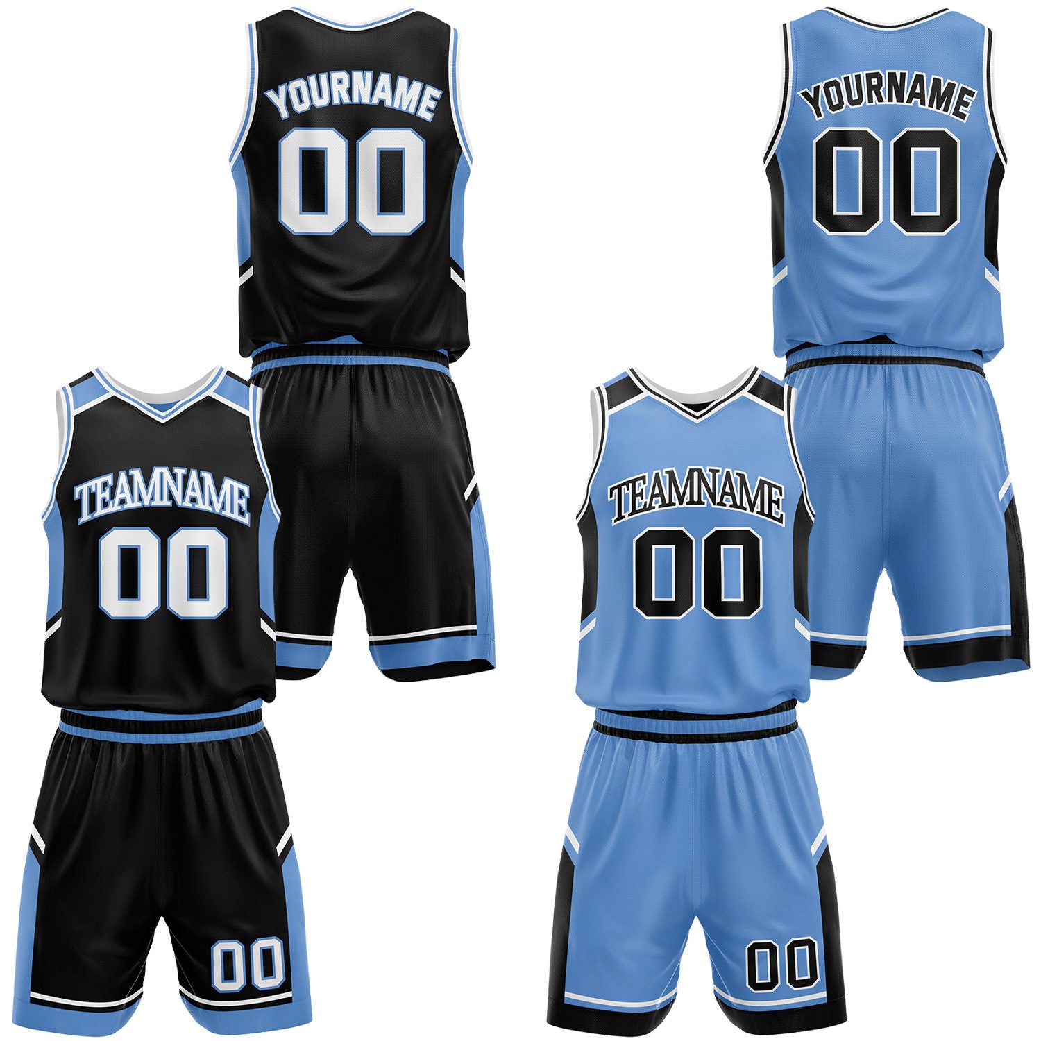 Custom big and tall black and carolina blue reversible basketball uniforms, personalized team name, player number and logo, breathable moisture wicking mesh for adult players.