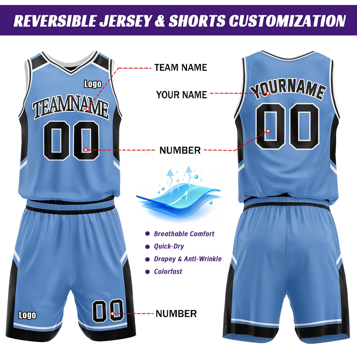 Custom Reversible Basketball Uniform Set | Black & Carolina Blue V-Neck Sleeveless Jersey & Athletic Shorts