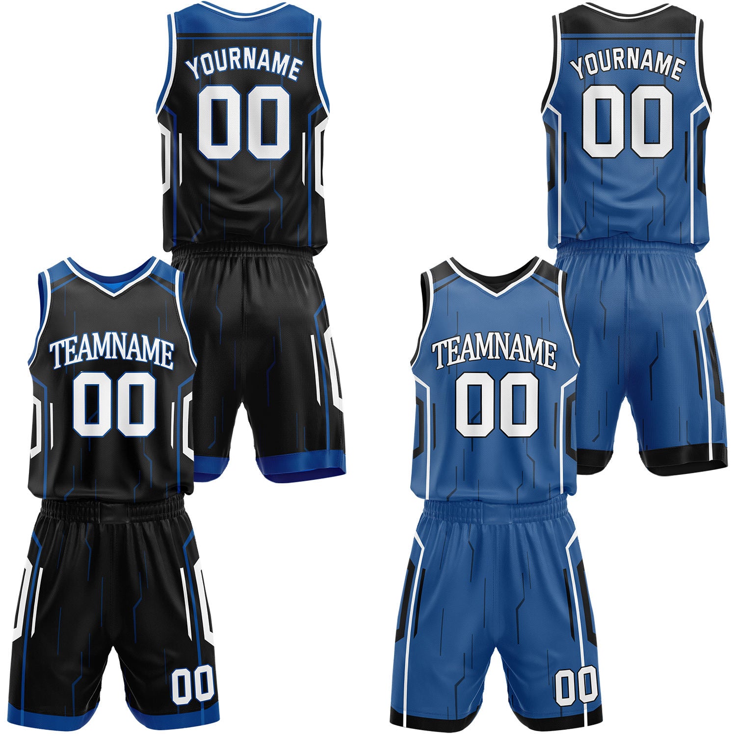 Custom black & blue reversible basketball jersey shorts set by Vosoli | Personalized block team name number tech geometric uniform sportswear