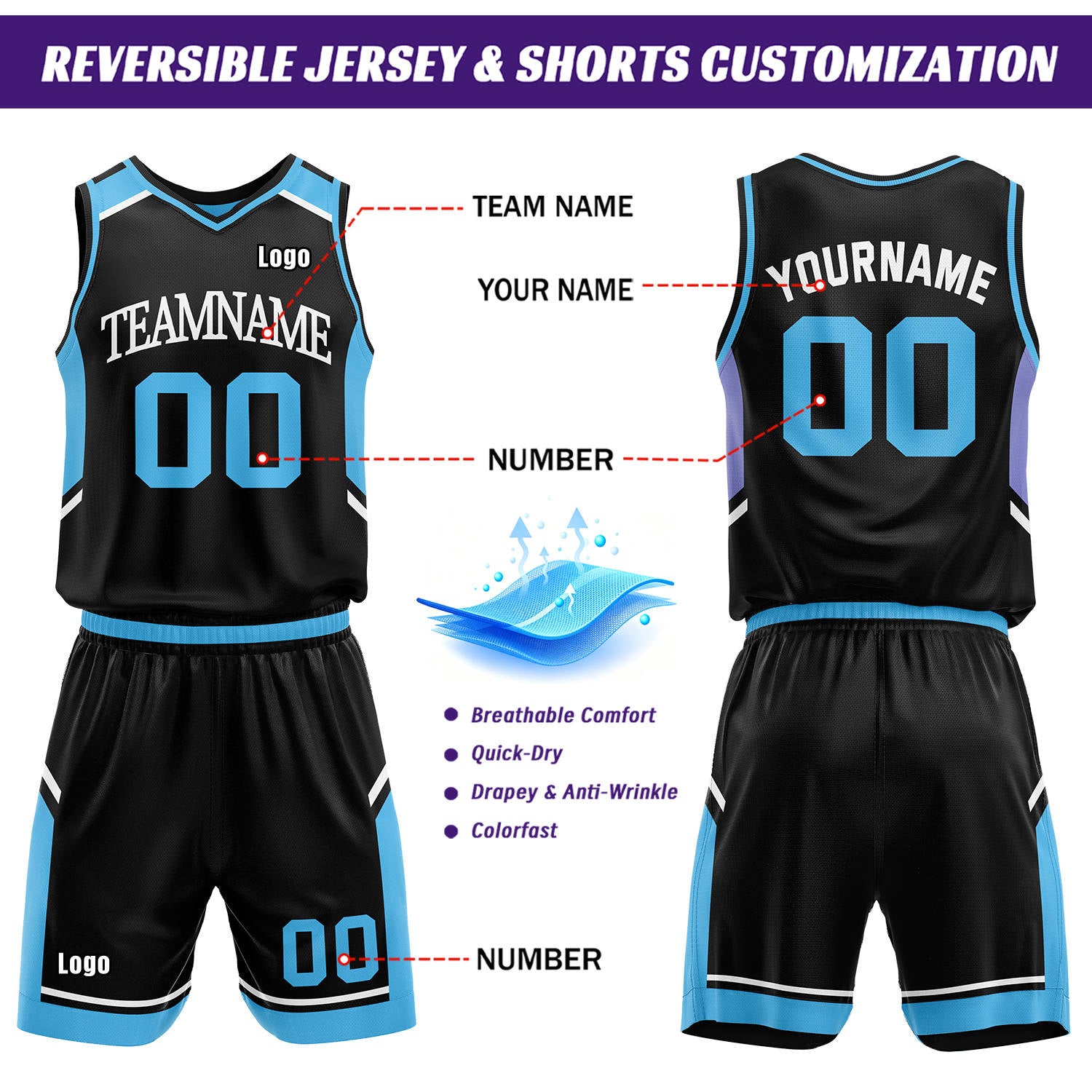 Custom Reversible Basketball Uniform Set | Black & Carolina Blue V-Neck Sleeveless Jersey & Athletic Shorts