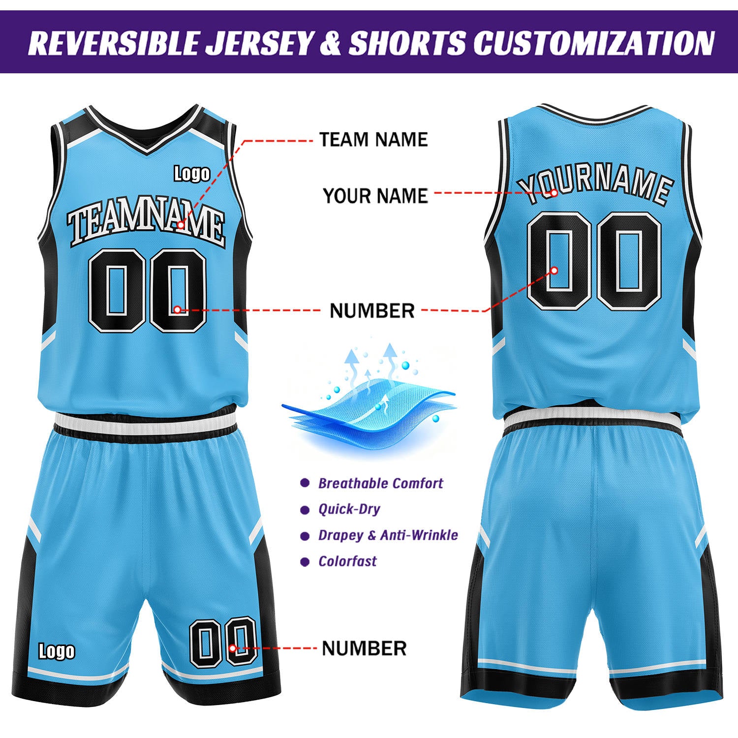 Custom Reversible Basketball Uniform Set | Black & Carolina Blue V-Neck Sleeveless Jersey & Athletic Shorts