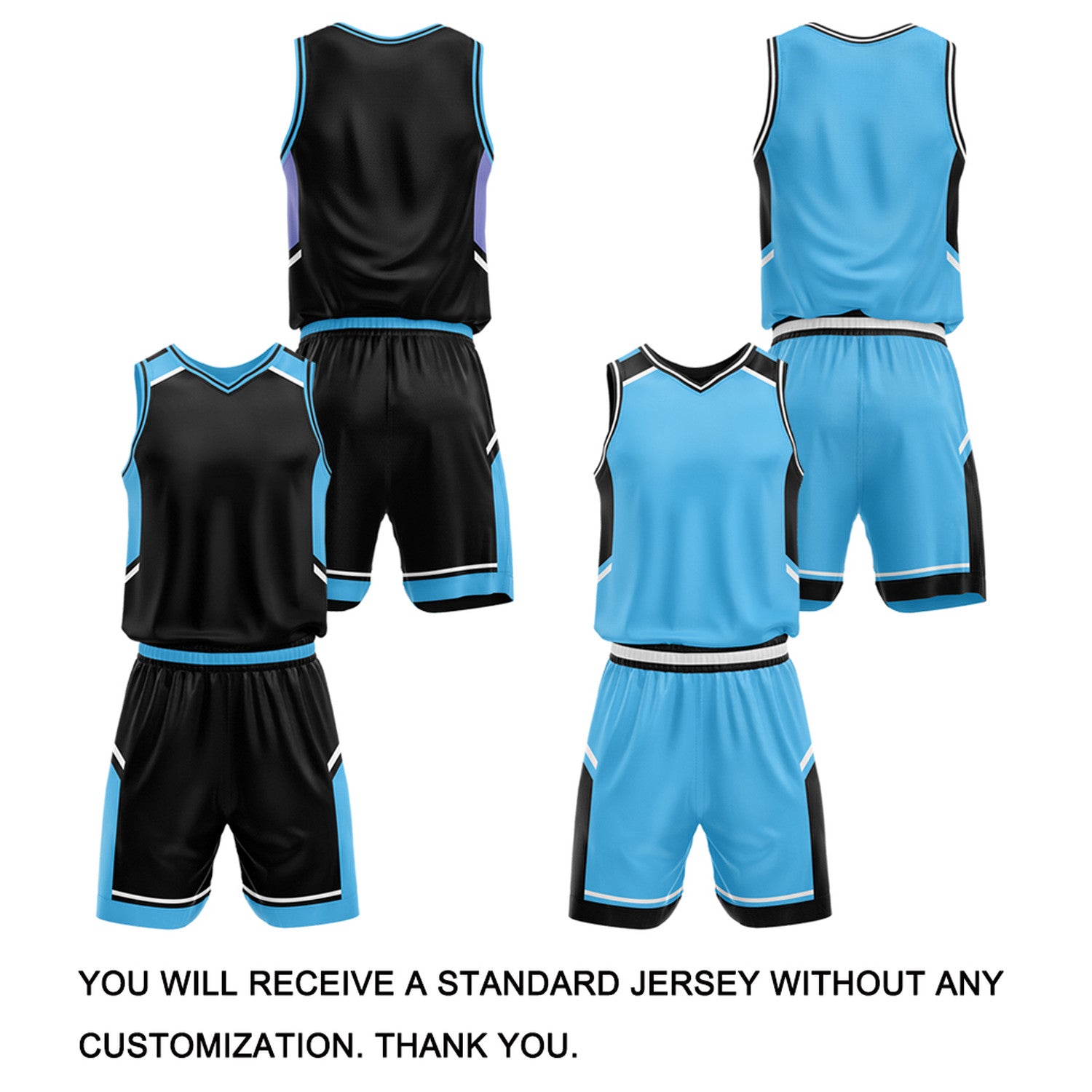Custom Reversible Basketball Uniform Set | Black & Carolina Blue V-Neck Sleeveless Jersey & Athletic Shorts