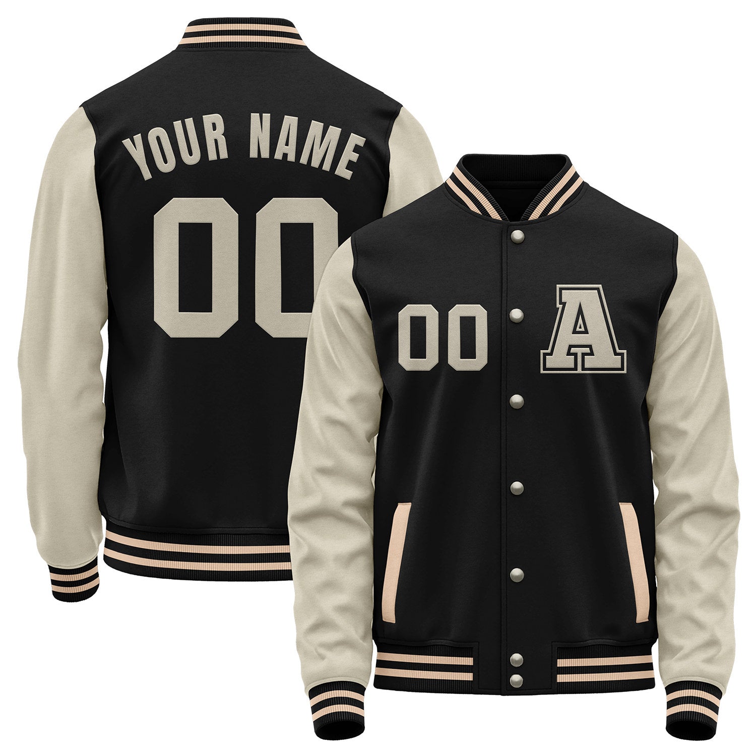 Custom black and cream college baseball varsity jackets by Vosoli with stitched name, number and logo. Classic varsity jacket for baseball and casual wear.