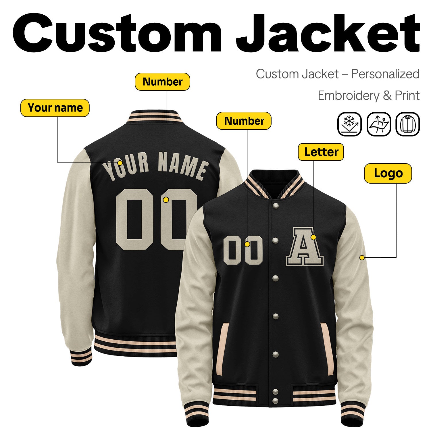 Custom Varsity Jacket with Stitched Name & Number | Black & Cream Personalized Team Letterman Bomber