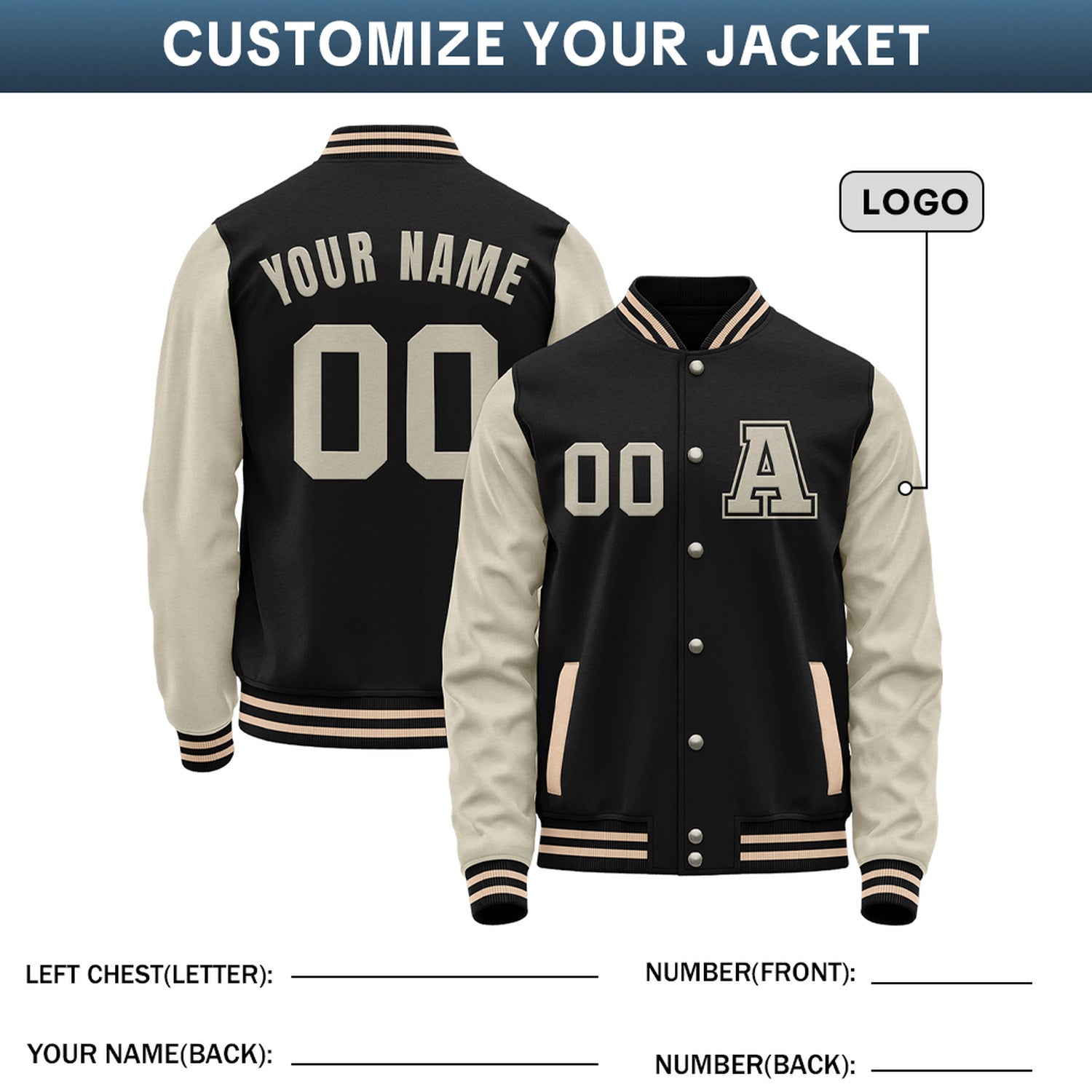 Custom Varsity Jacket with Stitched Name & Number | Black & Cream Personalized Team Letterman Bomber