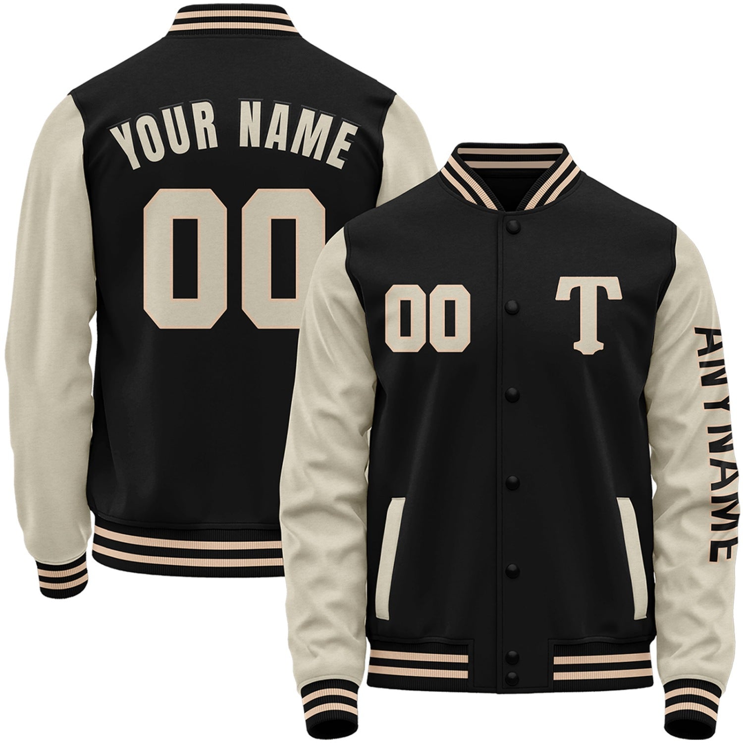 Custom black and cream youth baseball jacket by Vosoli with stitched name, number and logo. Classic varsity jacket for baseball and casual wear.